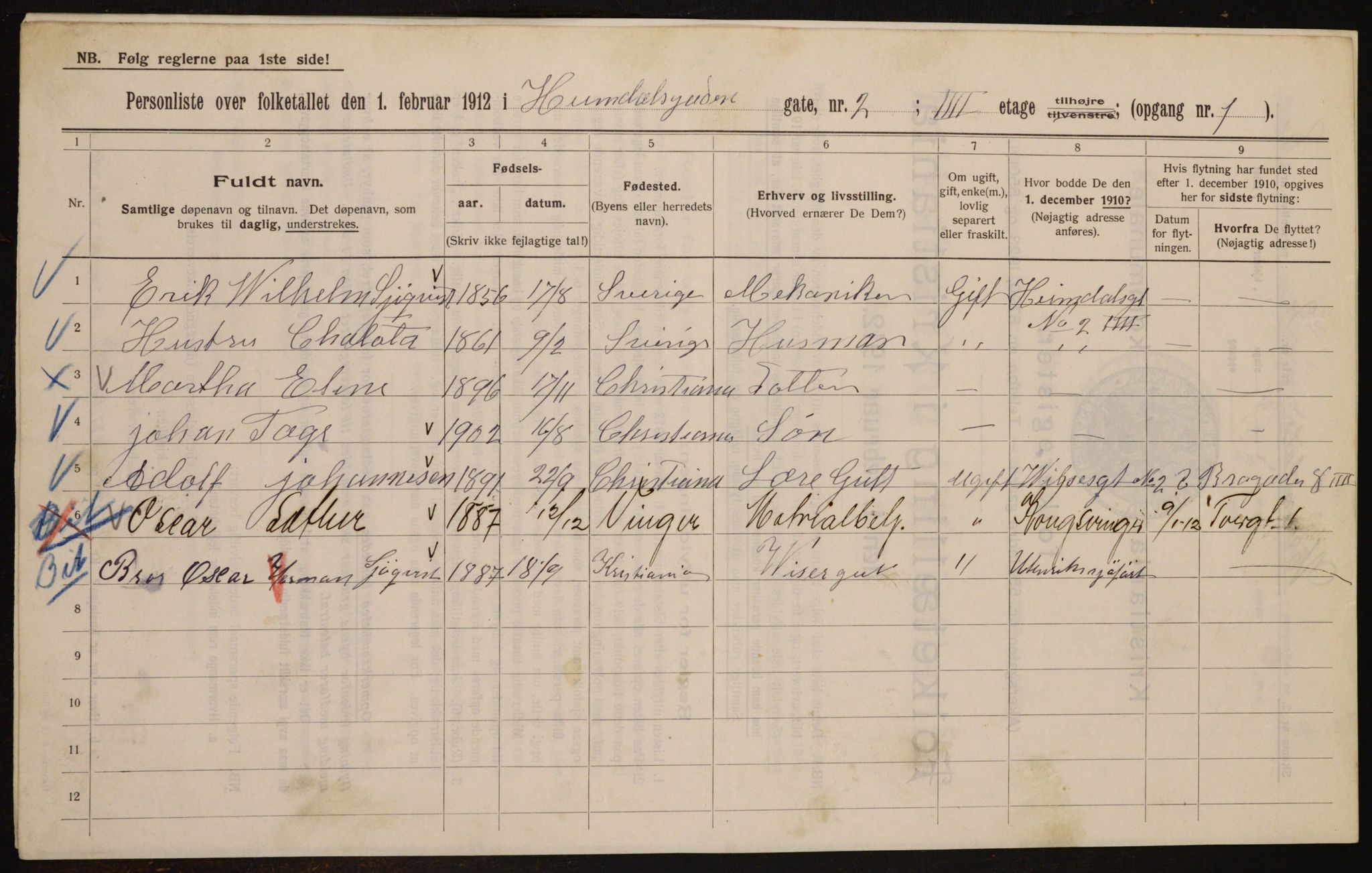 OBA, Municipal Census 1912 for Kristiania, 1912, p. 36968