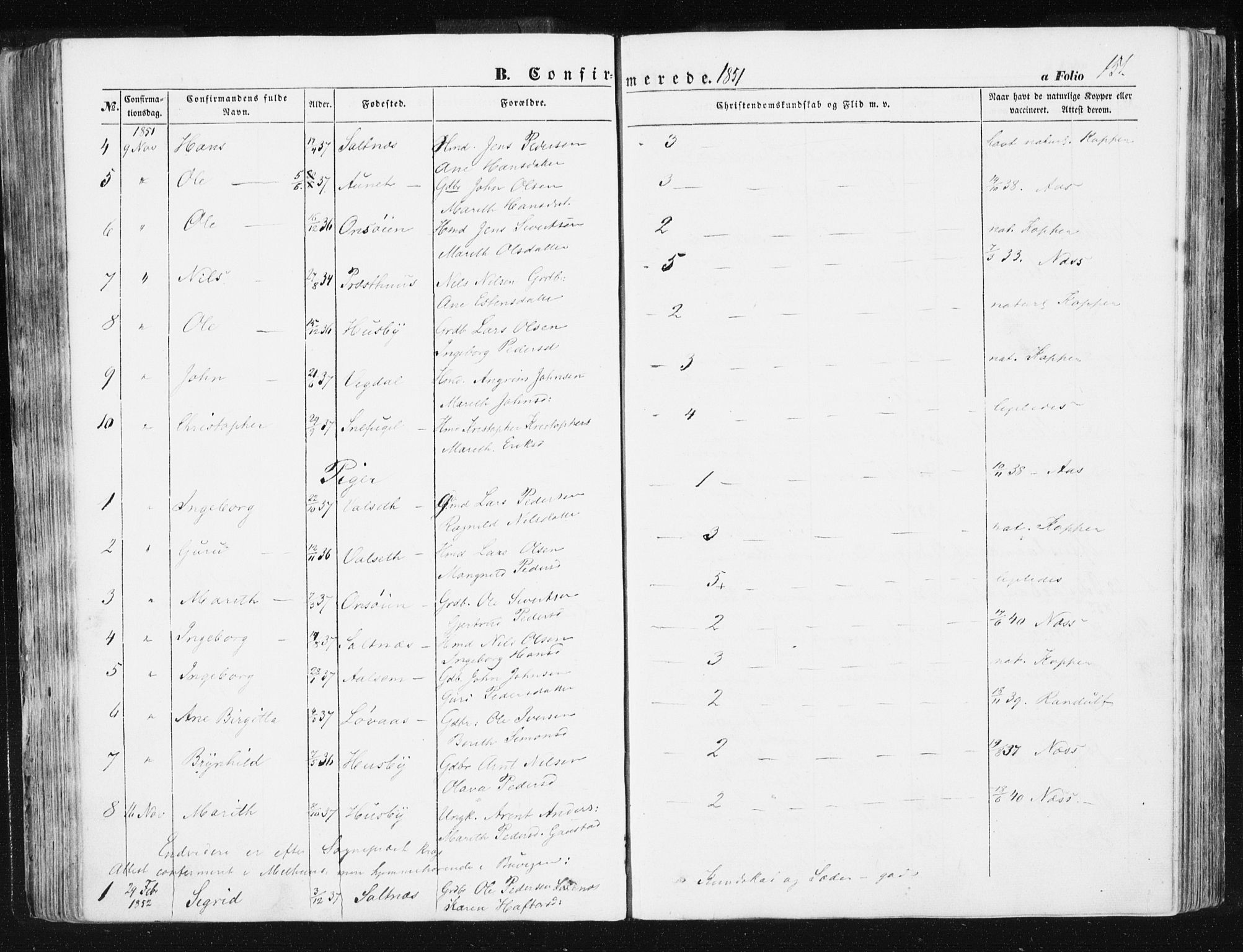 Ministerialprotokoller, klokkerbøker og fødselsregistre - Sør-Trøndelag, AV/SAT-A-1456/612/L0376: Parish register (official) no. 612A08, 1846-1859, p. 151