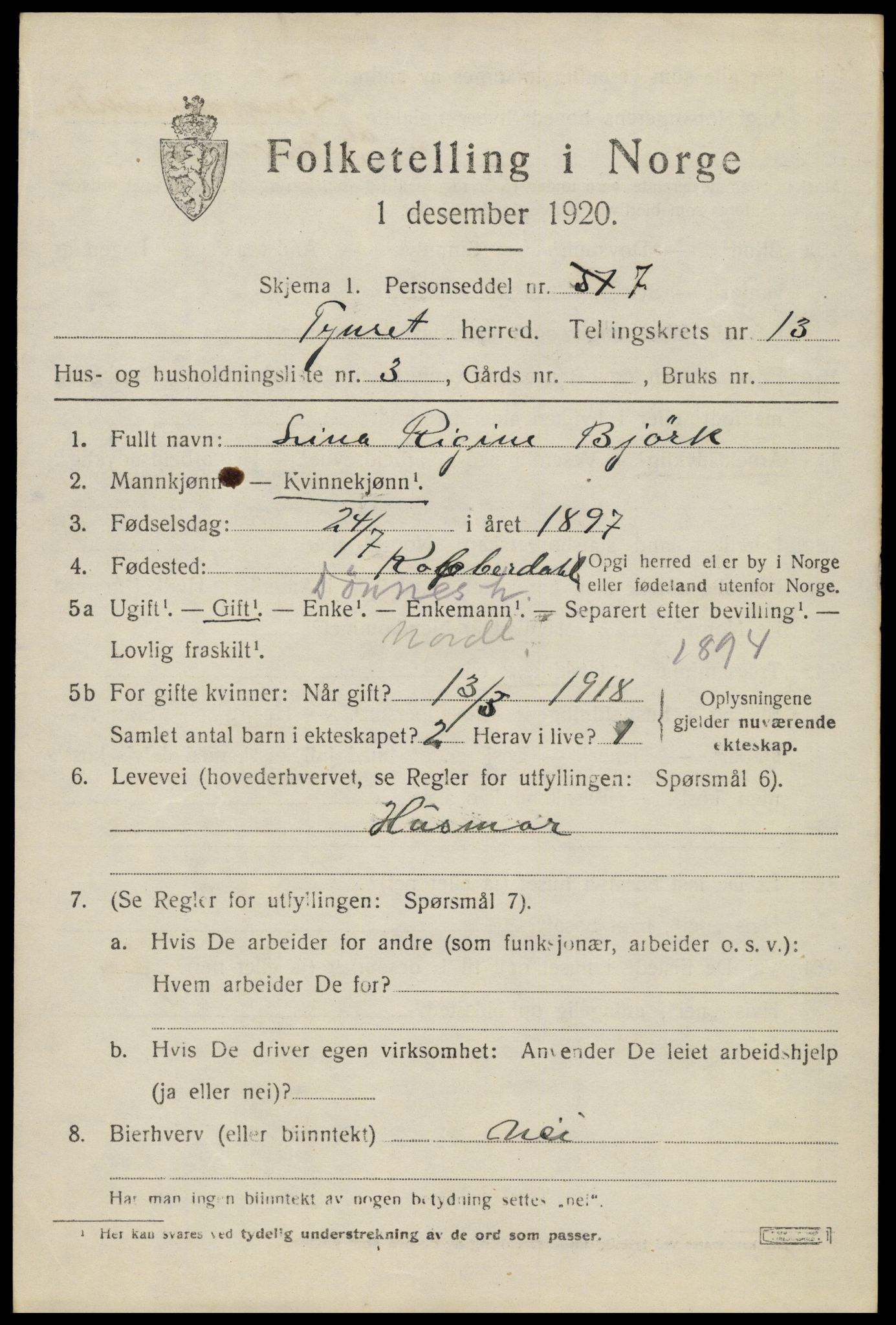 SAH, 1920 census for Tynset, 1920, p. 8600