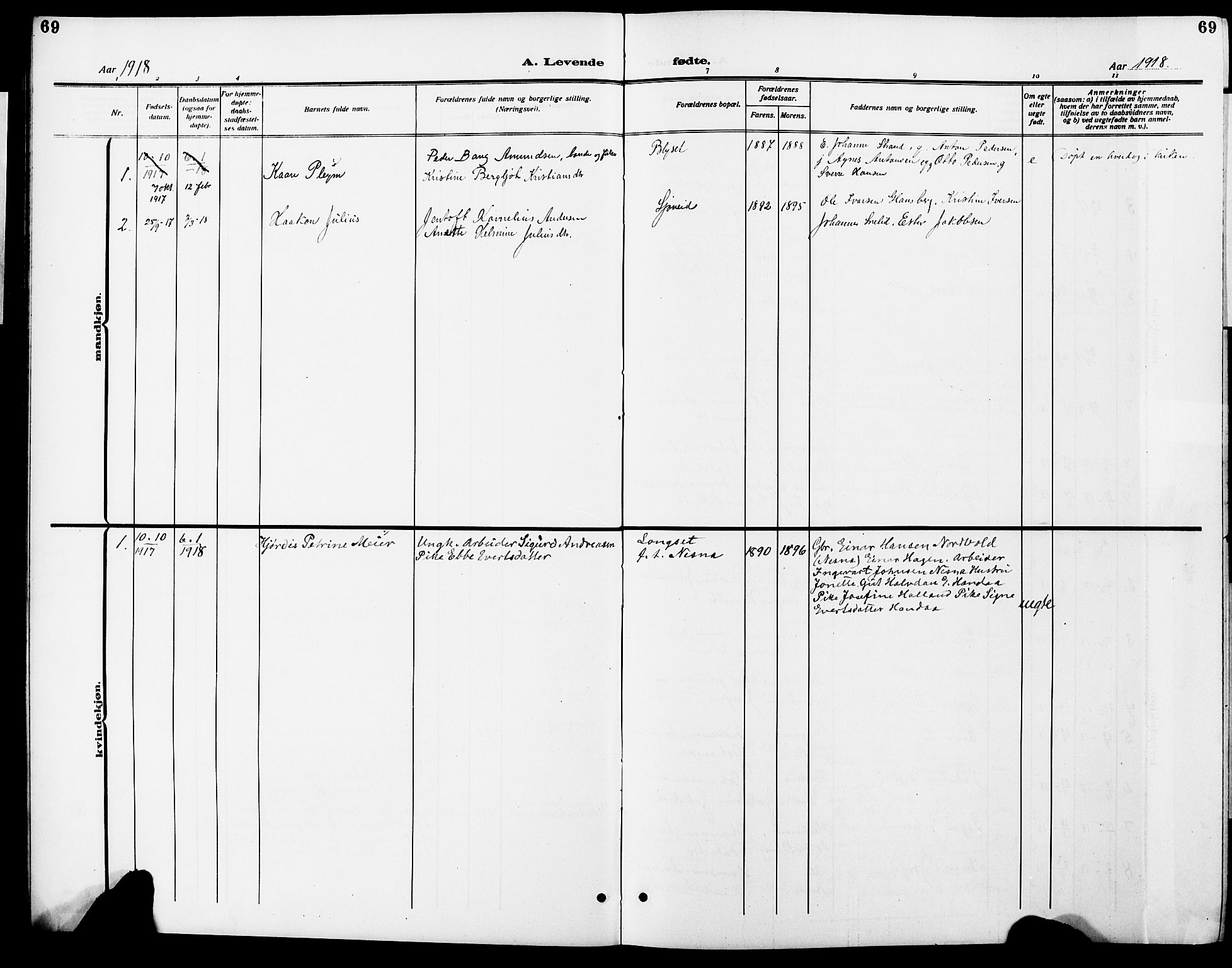 Ministerialprotokoller, klokkerbøker og fødselsregistre - Nordland, SAT/A-1459/838/L0560: Parish register (copy) no. 838C07, 1910-1928, p. 69