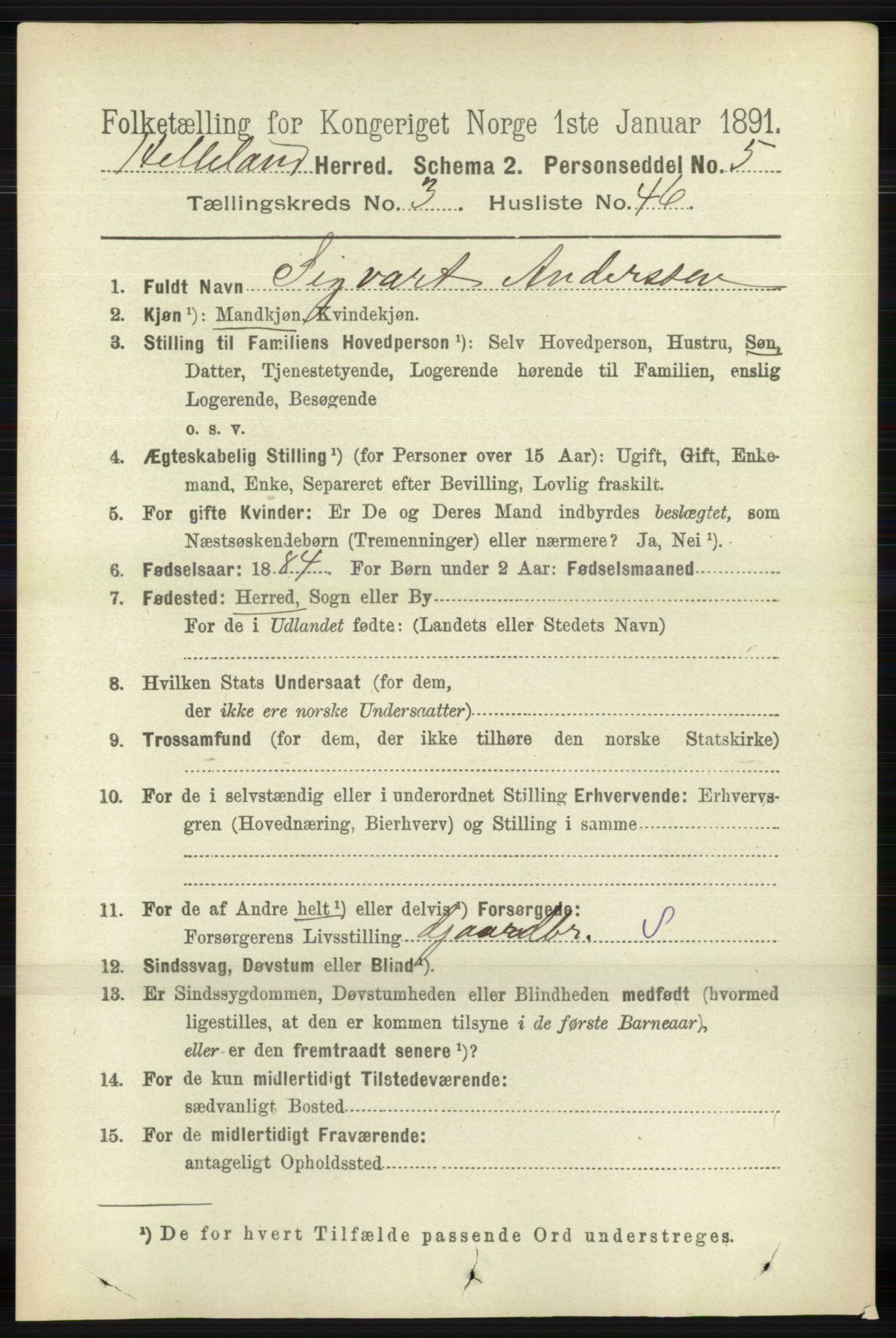 RA, 1891 census for 1115 Helleland, 1891, p. 1099