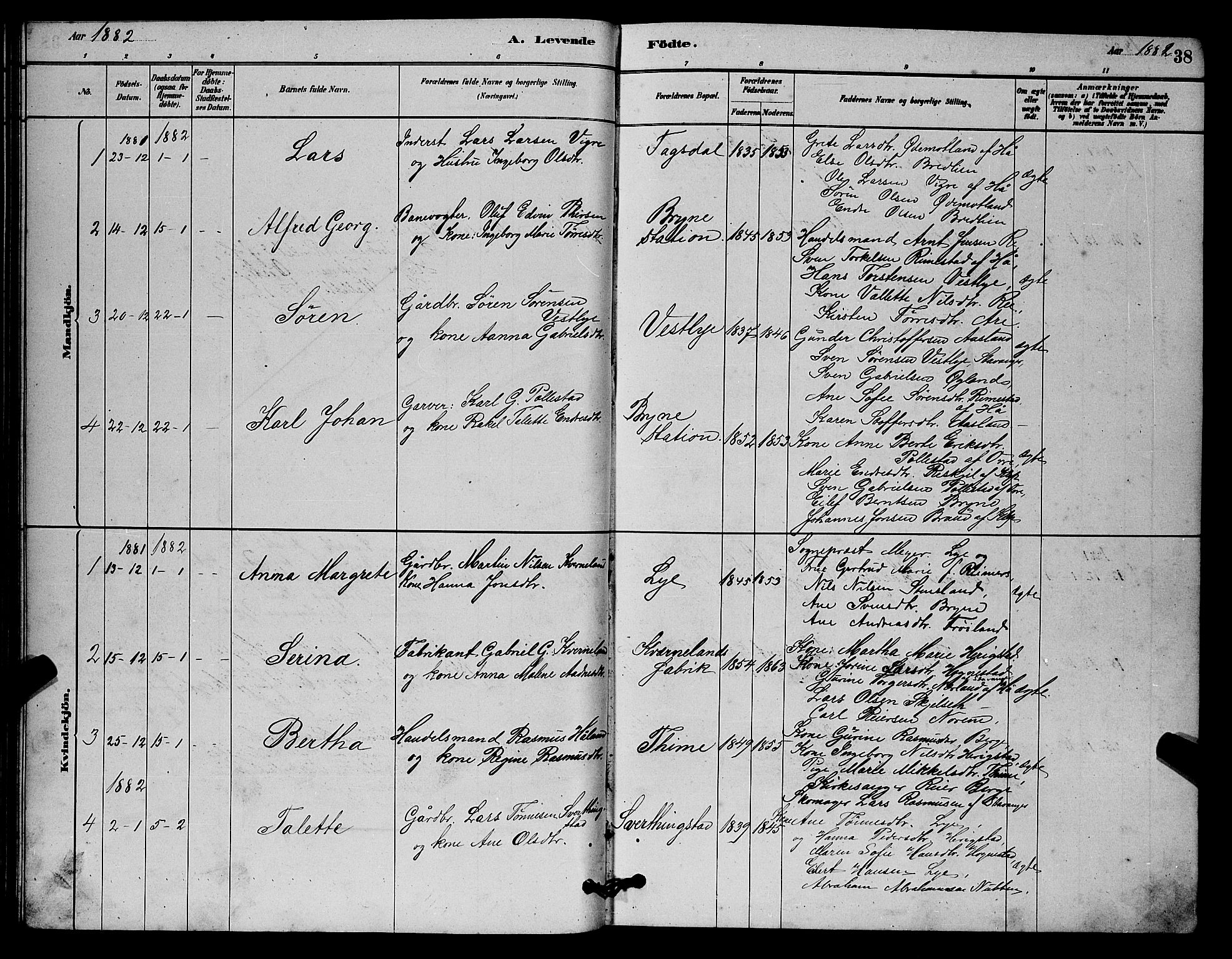 Lye sokneprestkontor, AV/SAST-A-101794/001/30BB/L0006: Parish register (copy) no. B 6, 1879-1888, p. 38