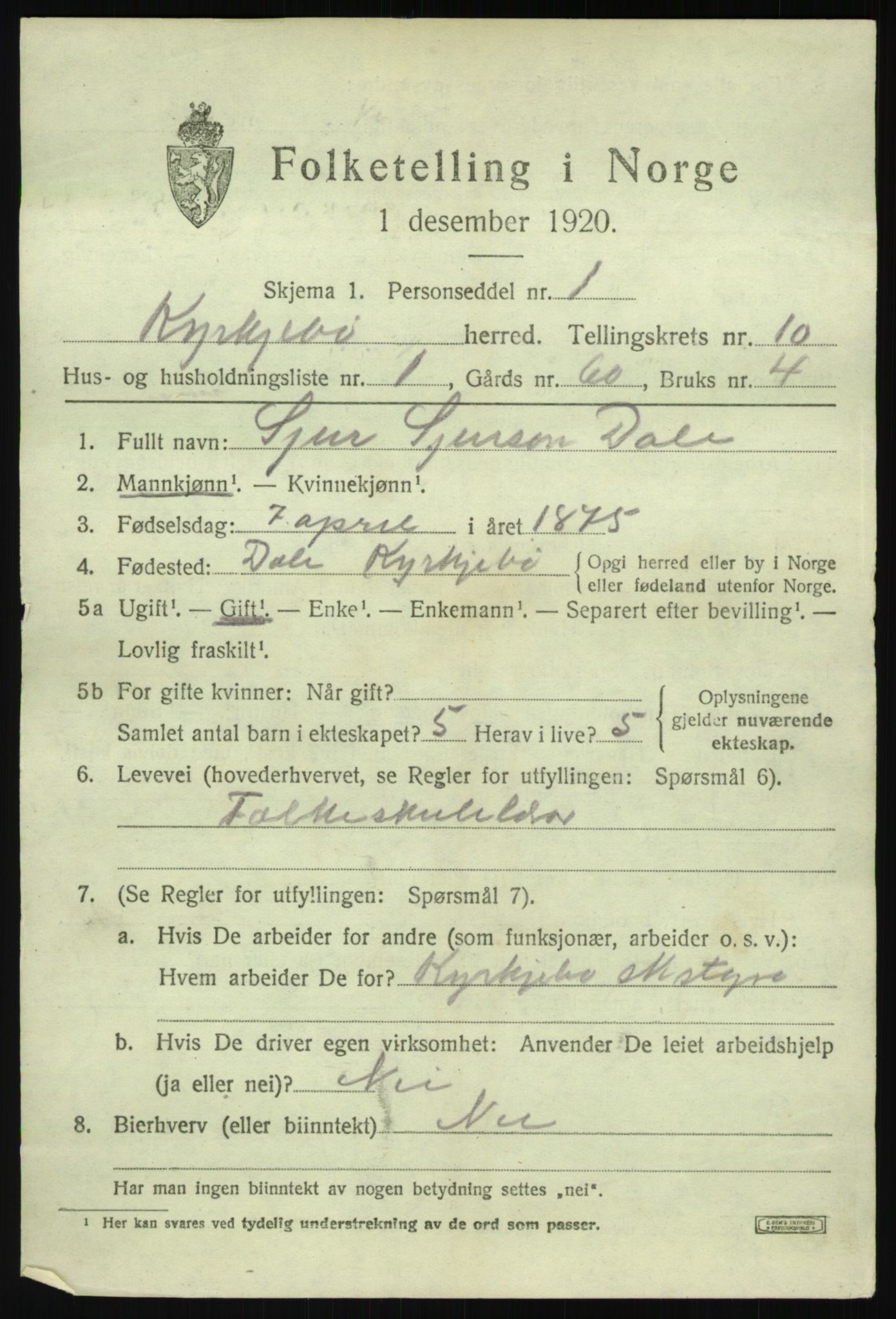 SAB, 1920 census for Kyrkjebø, 1920, p. 5447