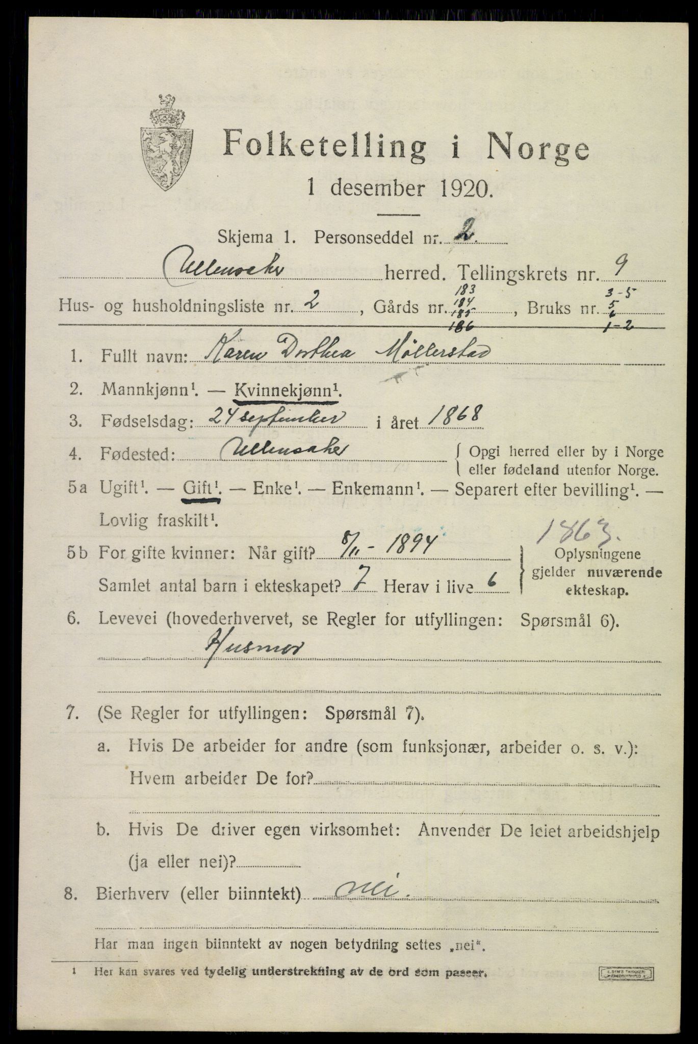 SAO, 1920 census for Ullensaker, 1920, p. 15403