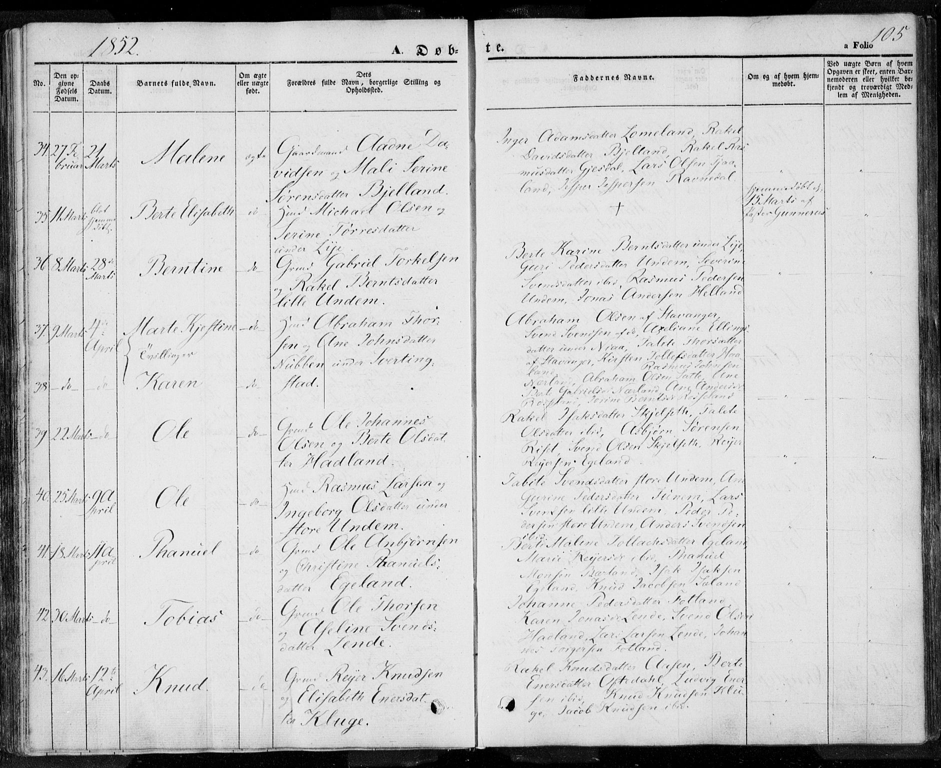 Lye sokneprestkontor, AV/SAST-A-101794/001/30BA/L0005: Parish register (official) no. A 5.1, 1842-1855, p. 105