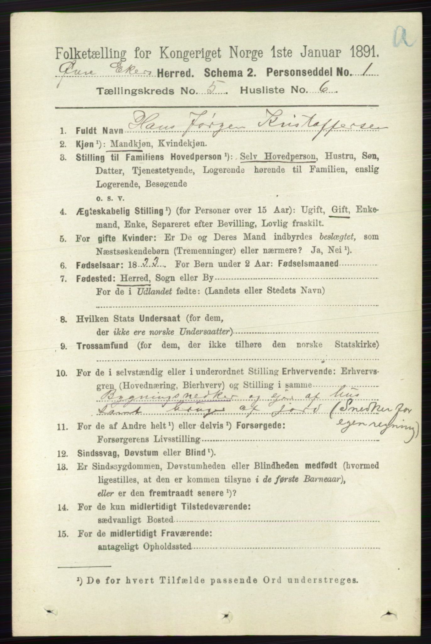 RA, 1891 census for 0624 Øvre Eiker, 1891, p. 1847