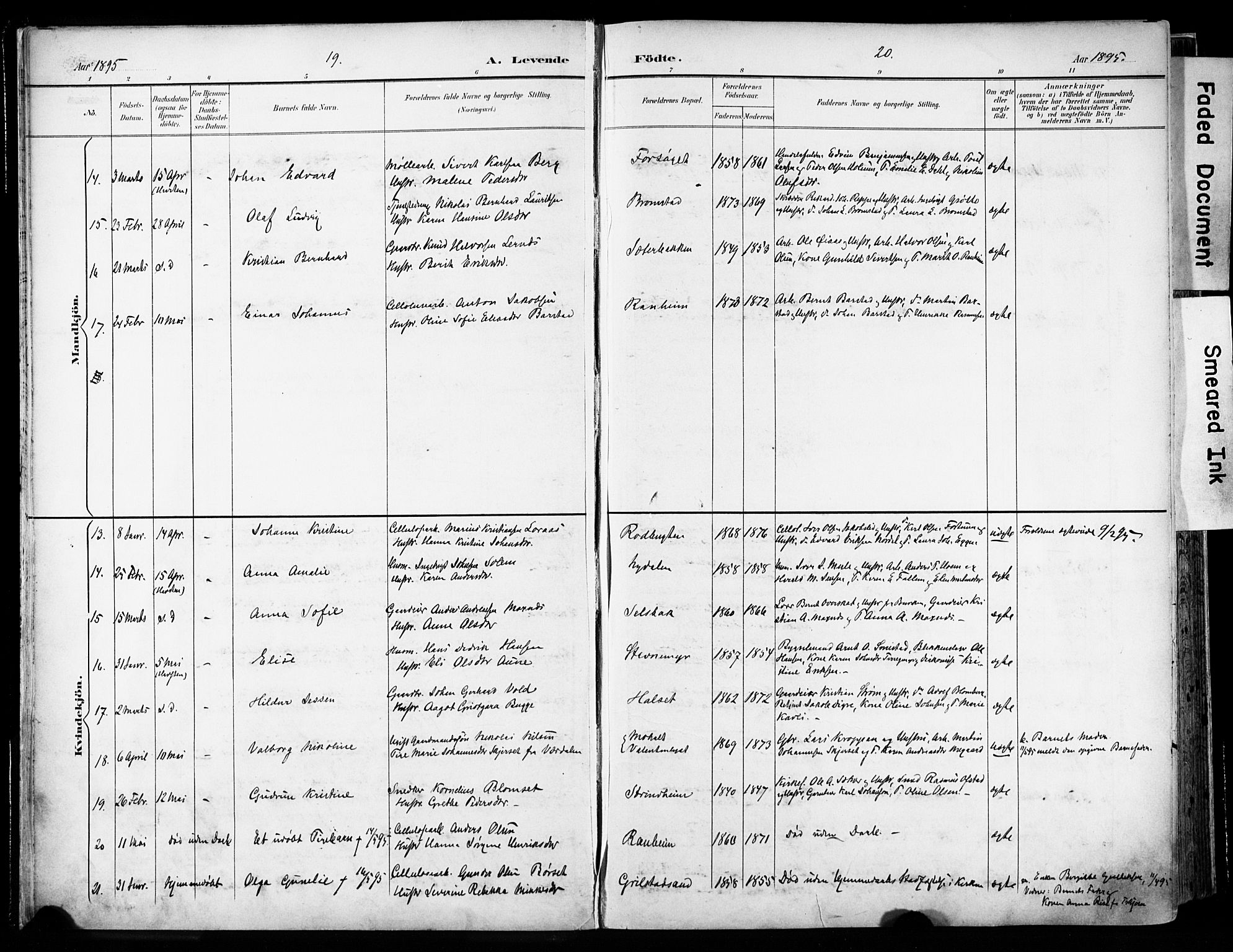 Ministerialprotokoller, klokkerbøker og fødselsregistre - Sør-Trøndelag, AV/SAT-A-1456/606/L0301: Parish register (official) no. 606A16, 1894-1907, p. 19-20