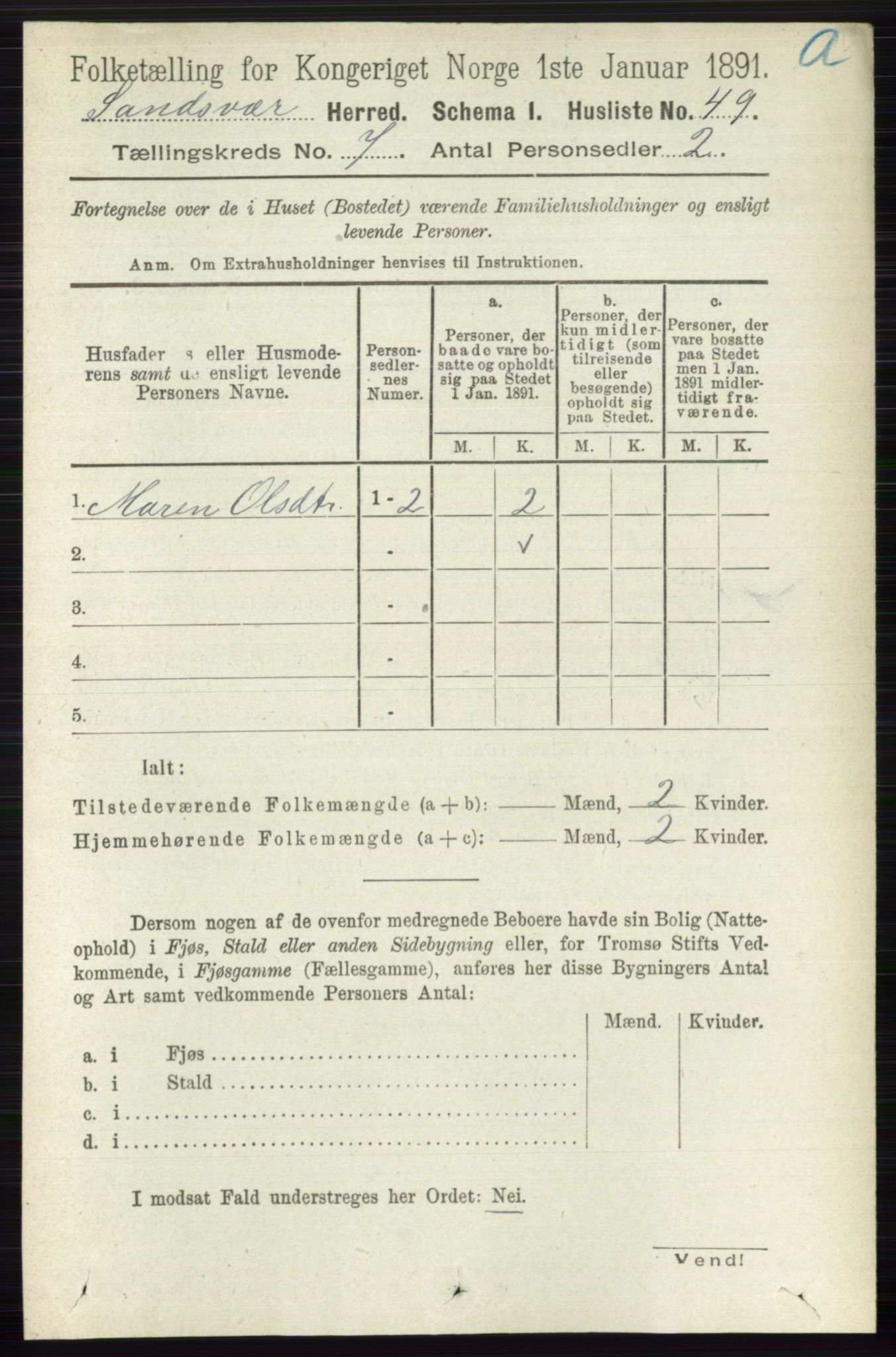 RA, 1891 census for 0629 Sandsvær, 1891, p. 3969