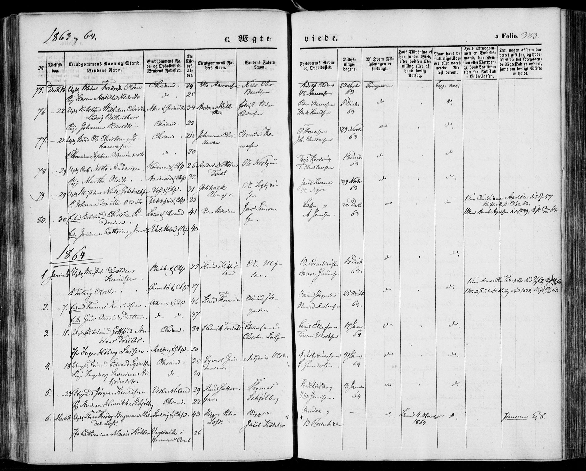 Kristiansand domprosti, SAK/1112-0006/F/Fa/L0014: Parish register (official) no. A 14, 1852-1867, p. 383