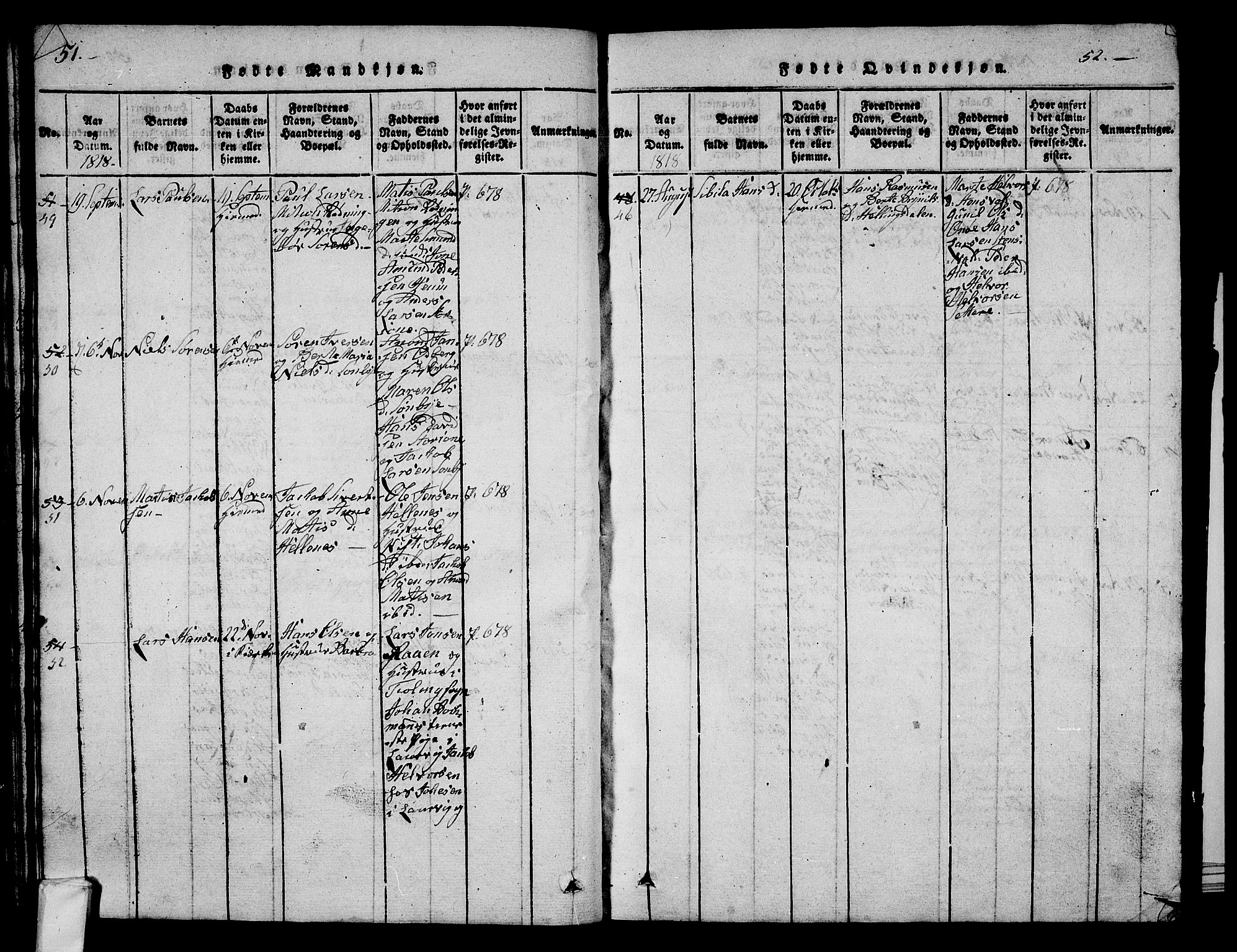 Hedrum kirkebøker, AV/SAKO-A-344/G/Ga/L0003: Parish register (copy) no. I 3, 1817-1835, p. 51-52