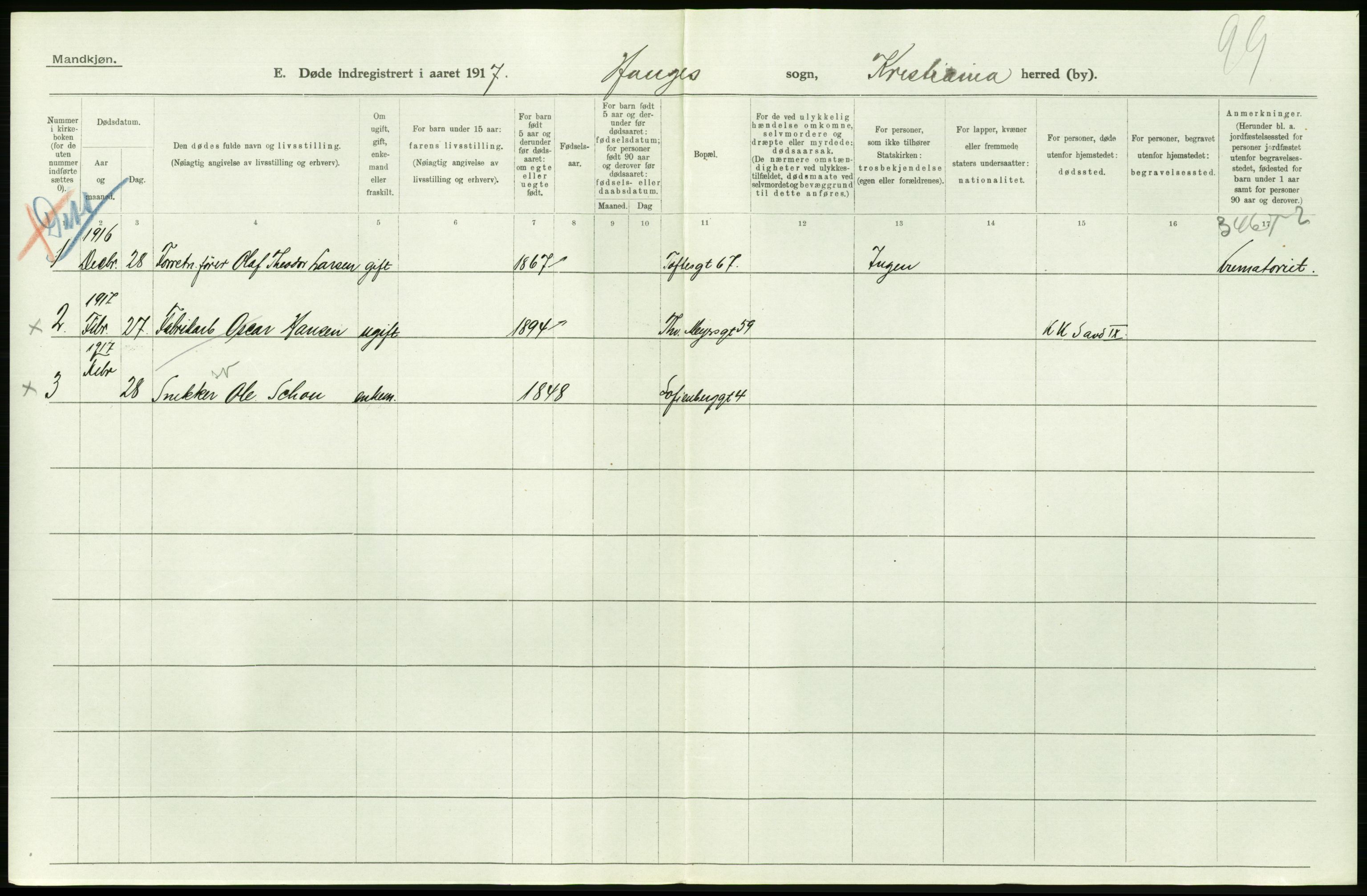 Statistisk sentralbyrå, Sosiodemografiske emner, Befolkning, RA/S-2228/D/Df/Dfb/Dfbg/L0011: Kristiania: Døde, dødfødte., 1917, p. 468