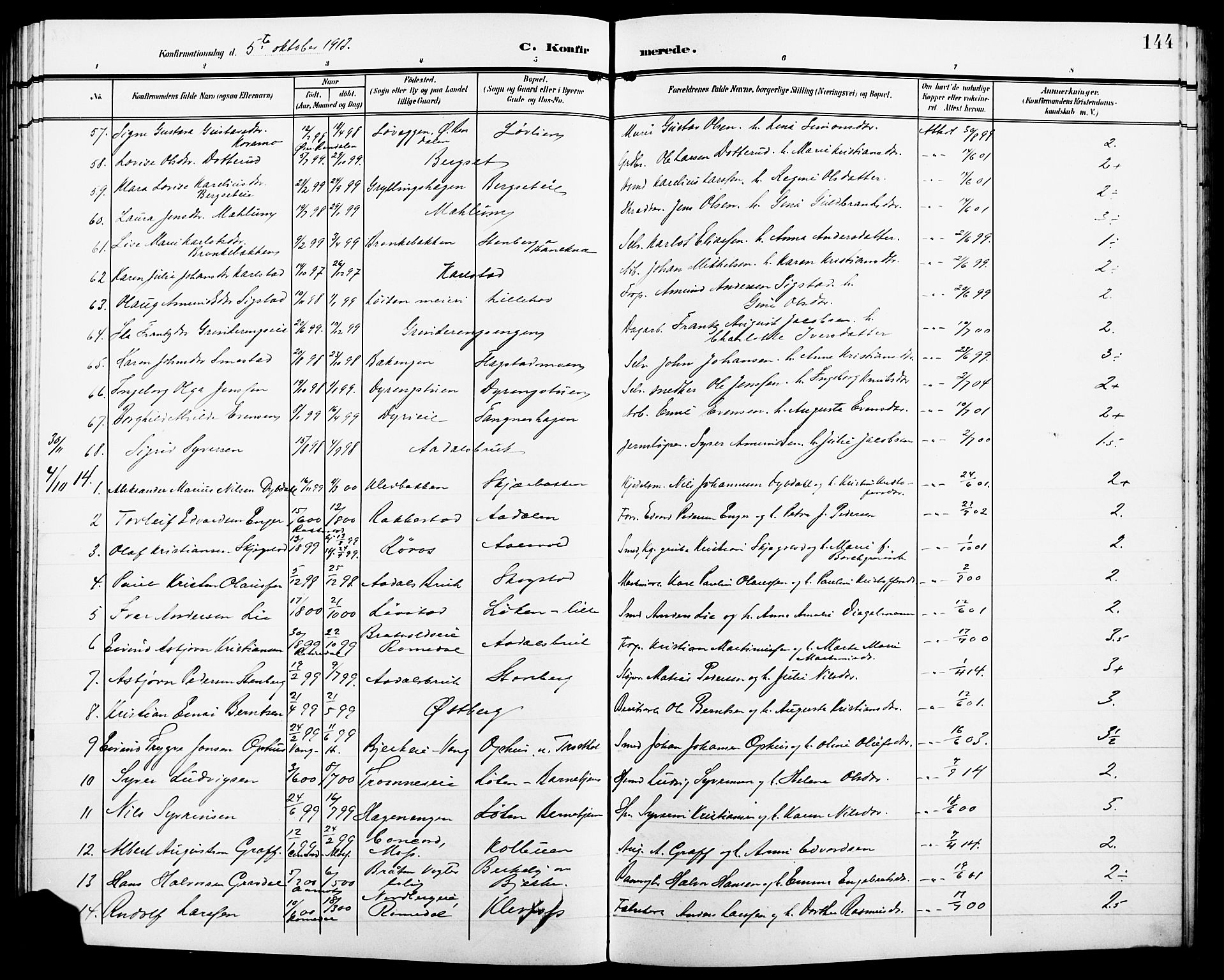 Løten prestekontor, SAH/PREST-022/L/La/L0007: Parish register (copy) no. 7, 1910-1919, p. 144