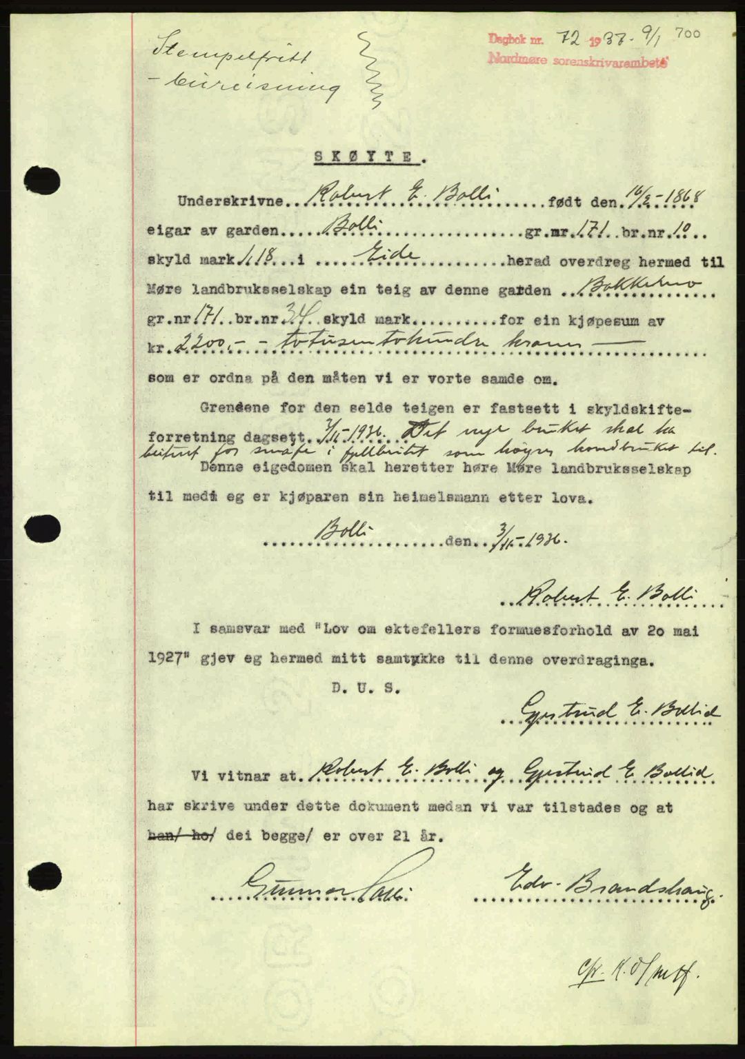 Nordmøre sorenskriveri, AV/SAT-A-4132/1/2/2Ca: Mortgage book no. A80, 1936-1937, Diary no: : 72/1937