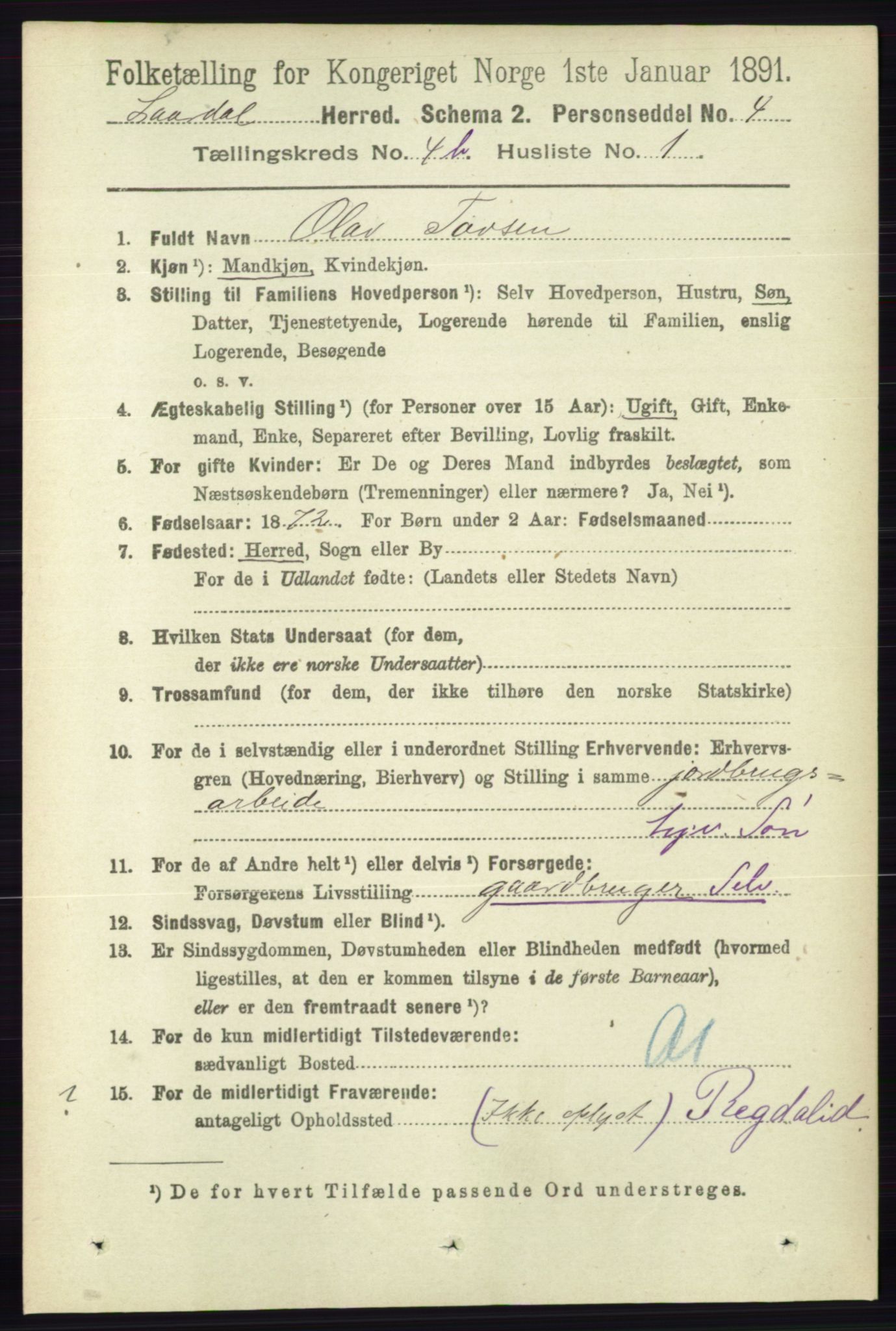 RA, 1891 census for 0833 Lårdal, 1891, p. 1177