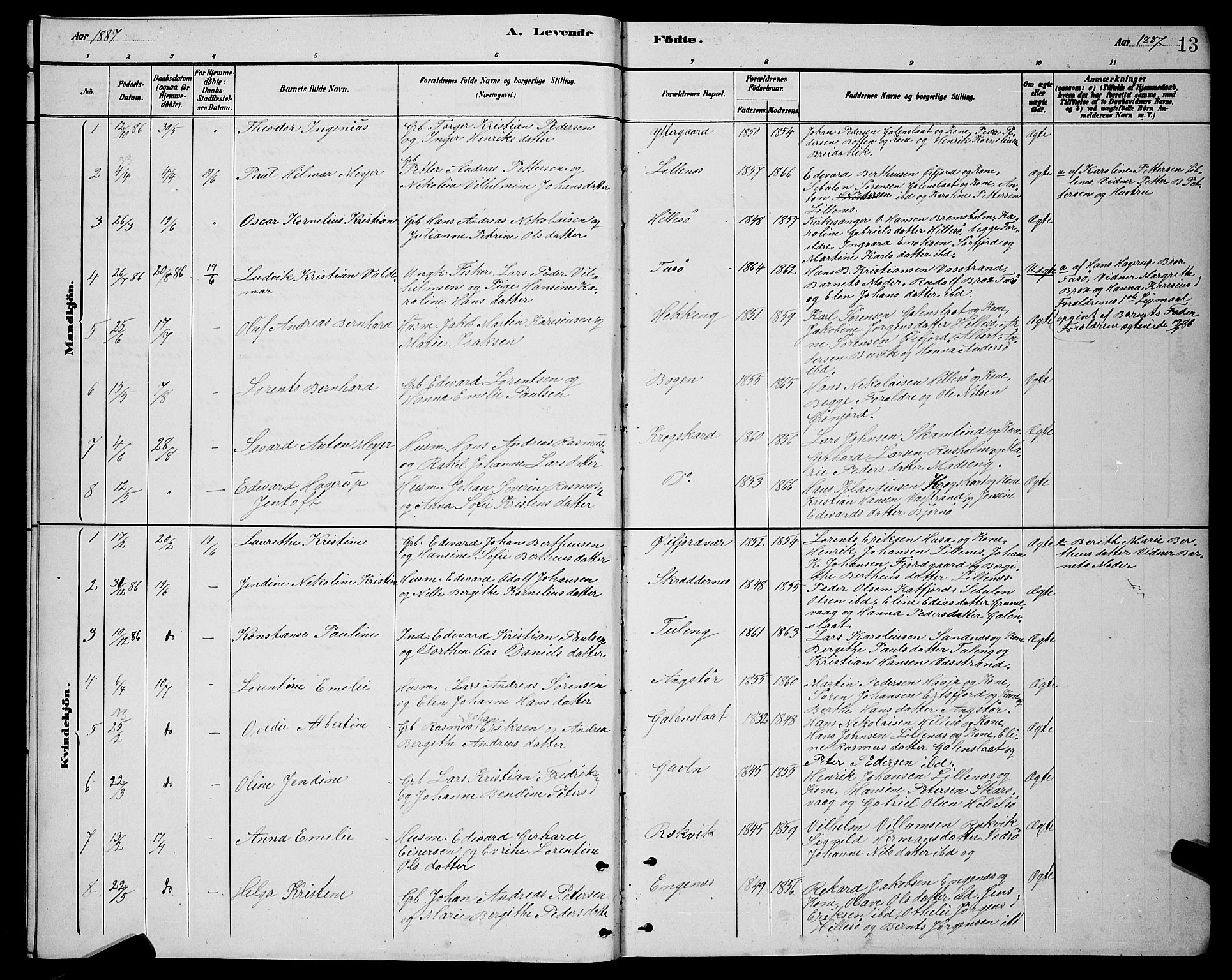 Lenvik sokneprestembete, SATØ/S-1310/H/Ha/Hab/L0021klokker: Parish register (copy) no. 21, 1884-1900, p. 13