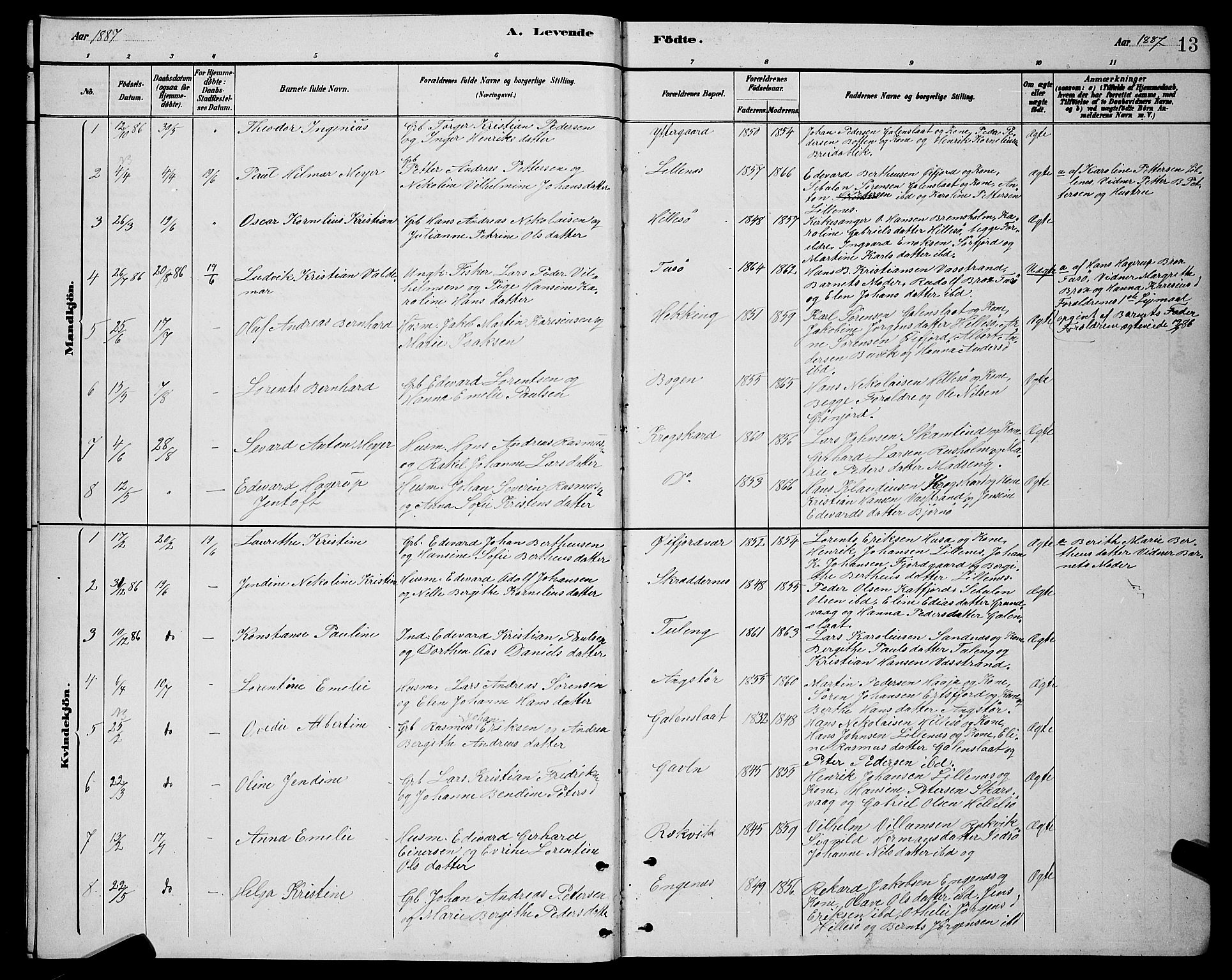 Lenvik sokneprestembete, AV/SATØ-S-1310/H/Ha/Hab/L0021klokker: Parish register (copy) no. 21, 1884-1900, p. 13