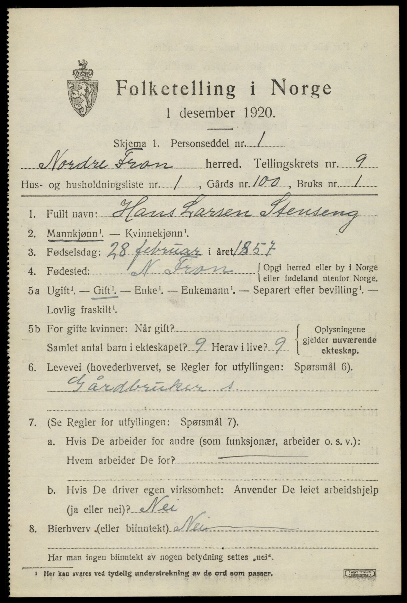 SAH, 1920 census for Nord-Fron, 1920, p. 7474