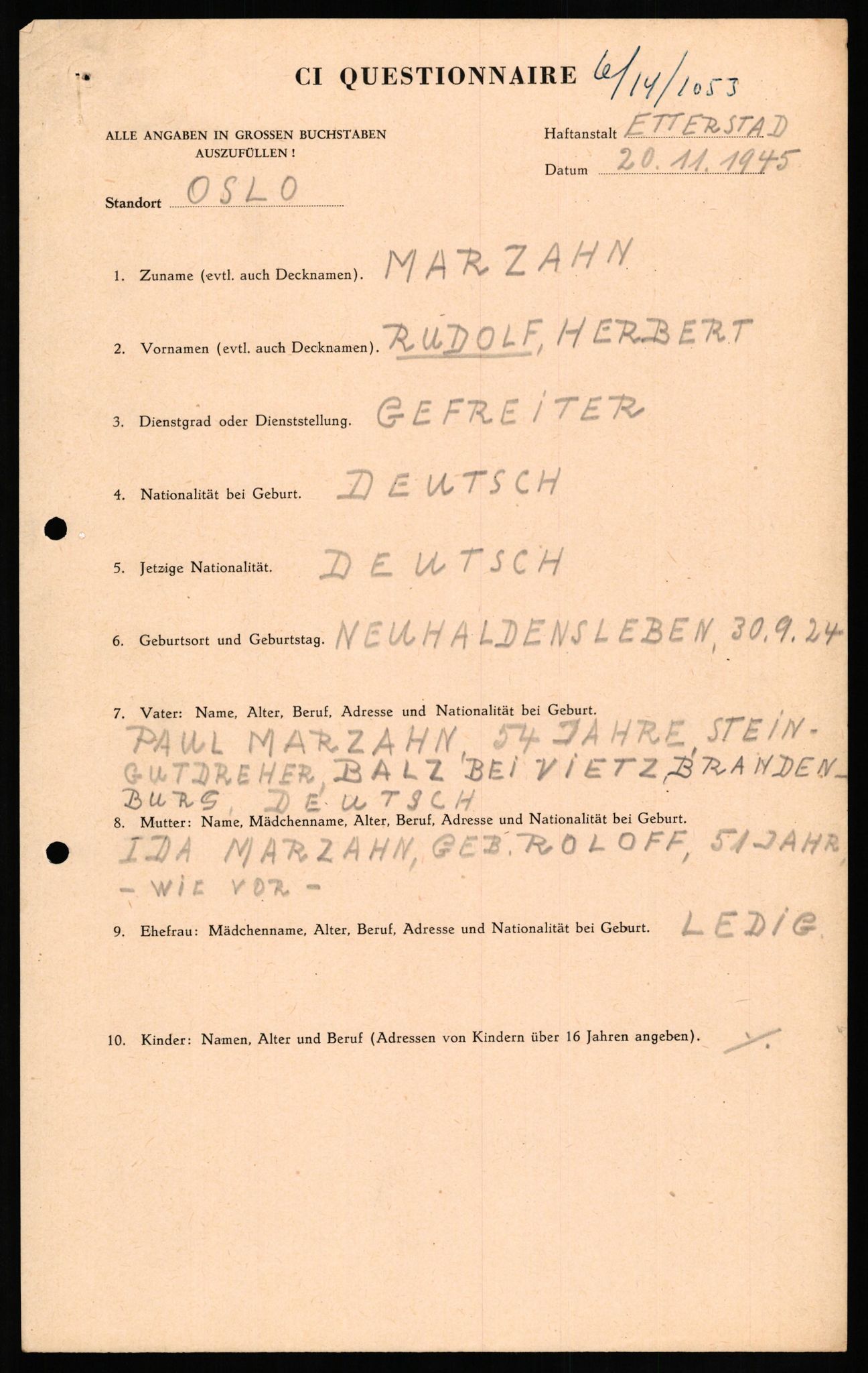 Forsvaret, Forsvarets overkommando II, AV/RA-RAFA-3915/D/Db/L0021: CI Questionaires. Tyske okkupasjonsstyrker i Norge. Tyskere., 1945-1946, p. 178