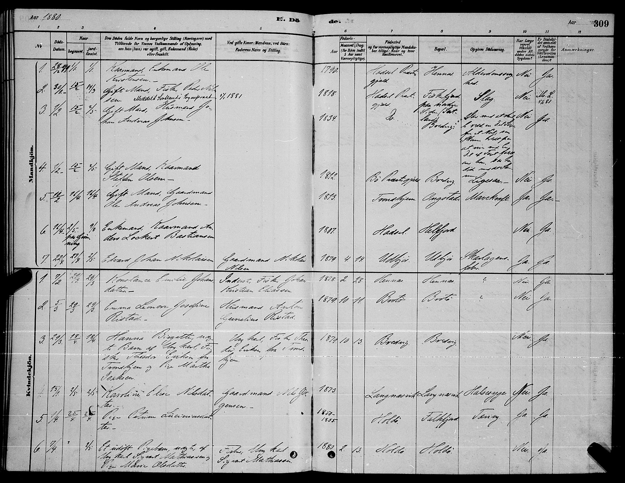 Ministerialprotokoller, klokkerbøker og fødselsregistre - Nordland, AV/SAT-A-1459/888/L1267: Parish register (copy) no. 888C05, 1878-1890, p. 309