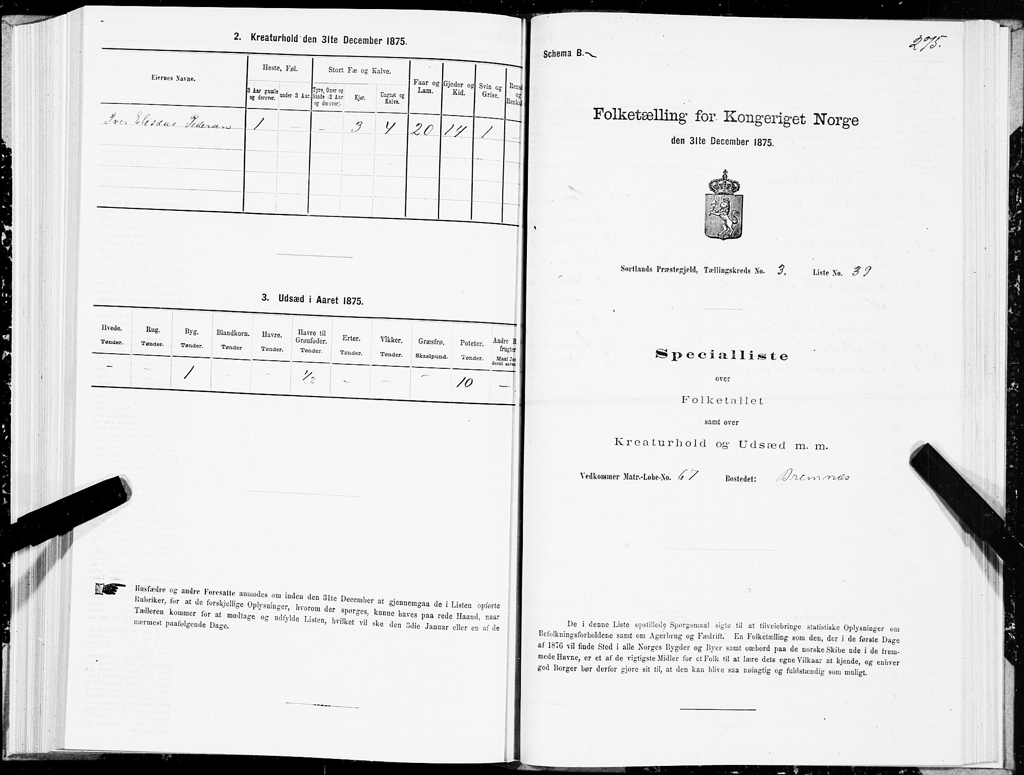 SAT, 1875 census for 1870P Sortland, 1875, p. 2275