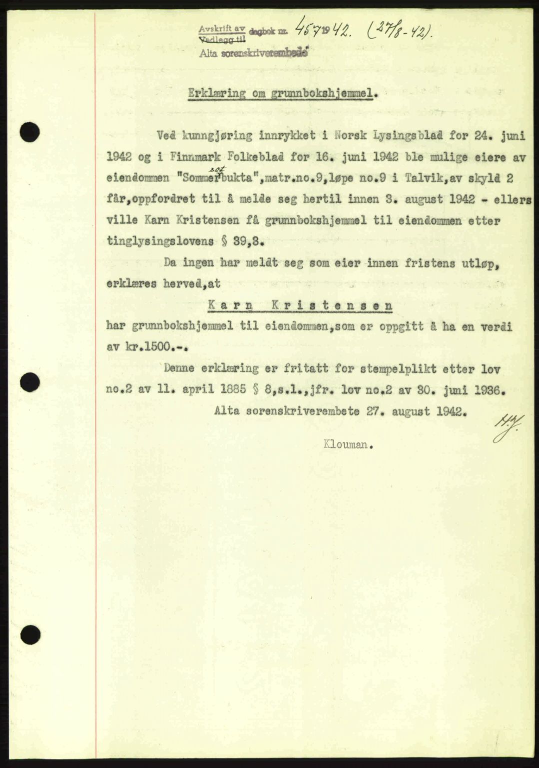 Alta fogderi/sorenskriveri, SATØ/SATØ-5/1/K/Kd/L0033pantebok: Mortgage book no. 33, 1940-1943, Diary no: : 457/1942