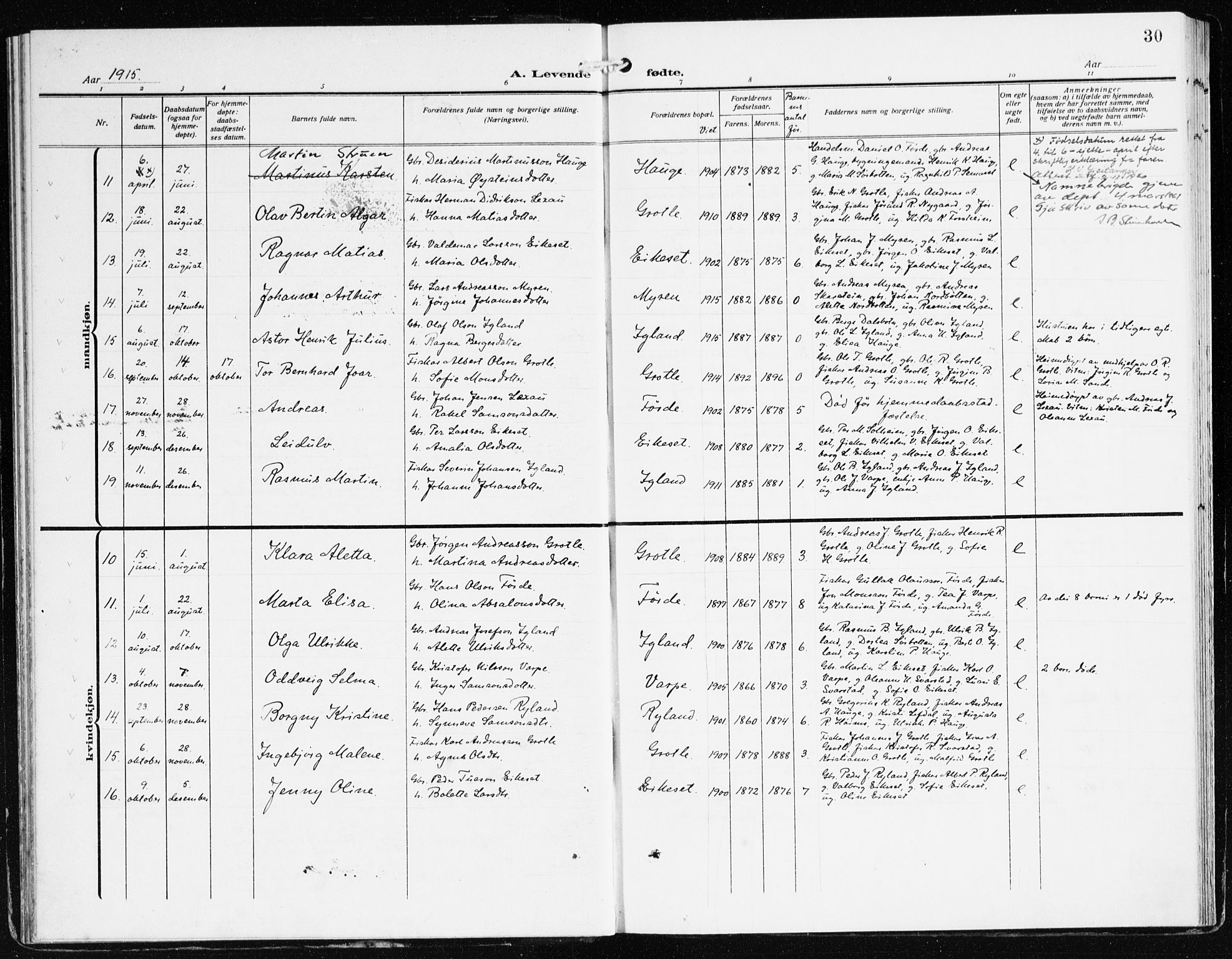 Bremanger sokneprestembete, AV/SAB-A-82201/H/Haa/Haac/L0001: Parish register (official) no. C 1, 1908-1921, p. 30