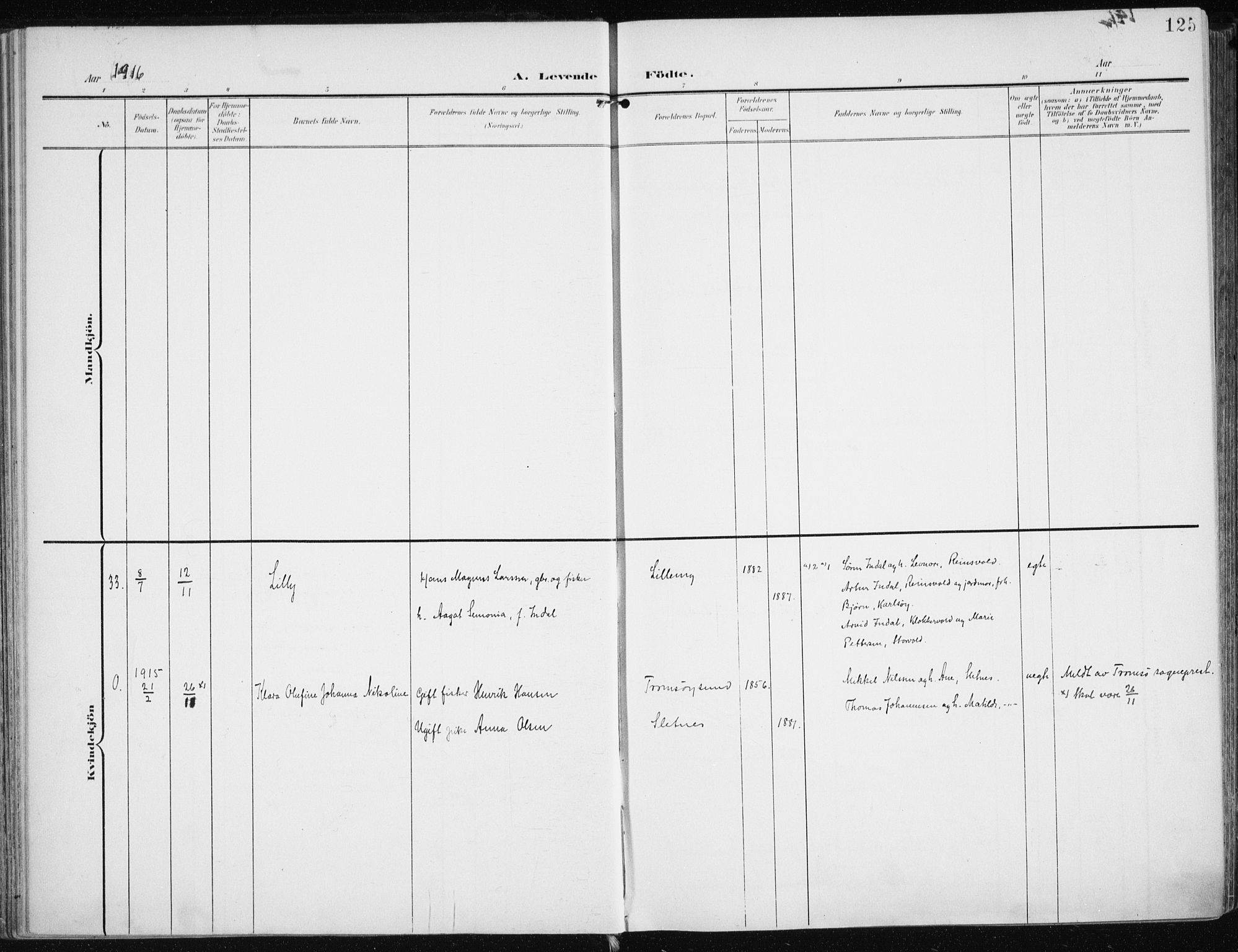 Karlsøy sokneprestembete, AV/SATØ-S-1299/H/Ha/Haa/L0014kirke: Parish register (official) no. 14, 1903-1917, p. 125