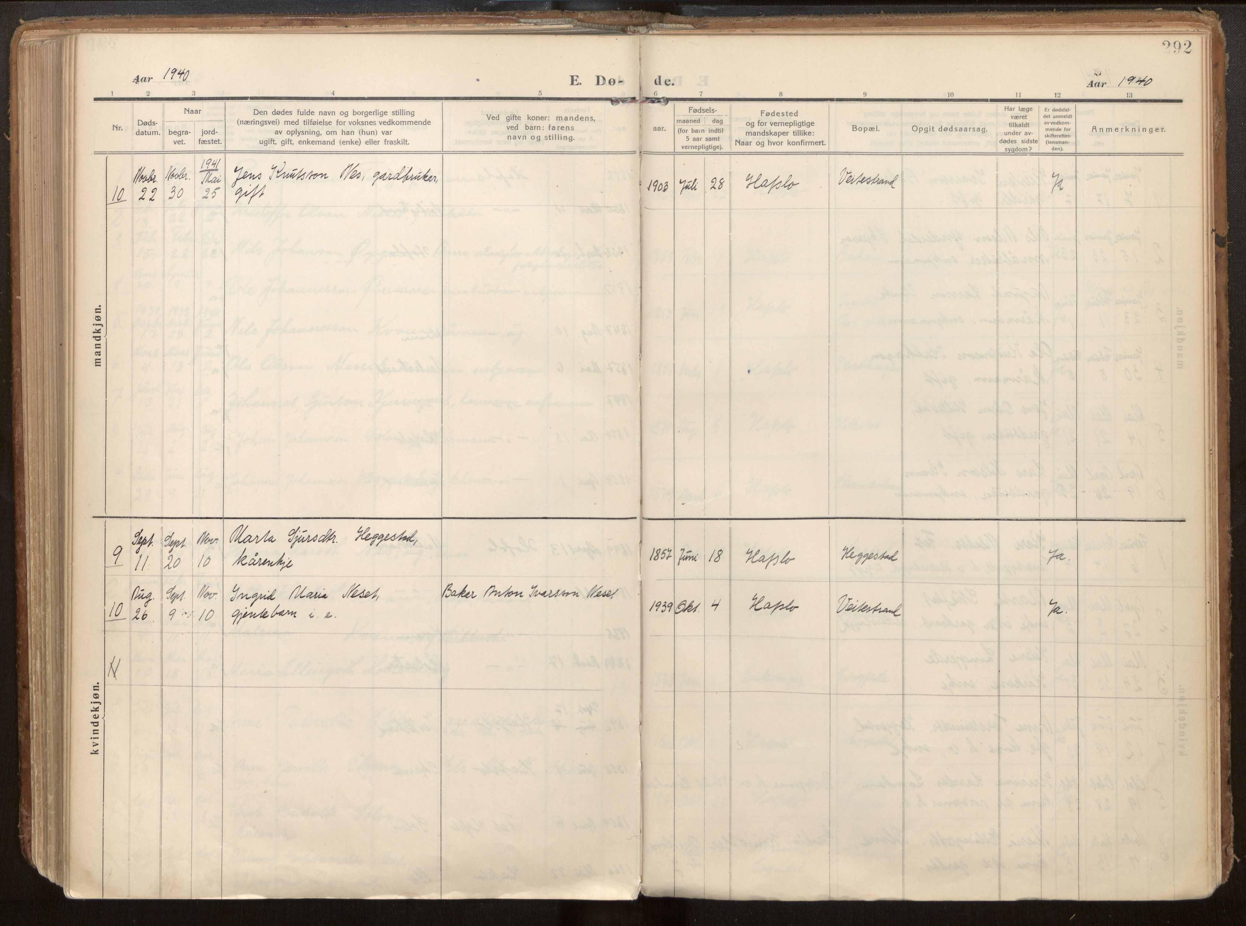 Hafslo sokneprestembete, AV/SAB-A-80301/H/Haa/Haab/L0002: Parish register (official) no. B 2, 1914-1951, p. 292