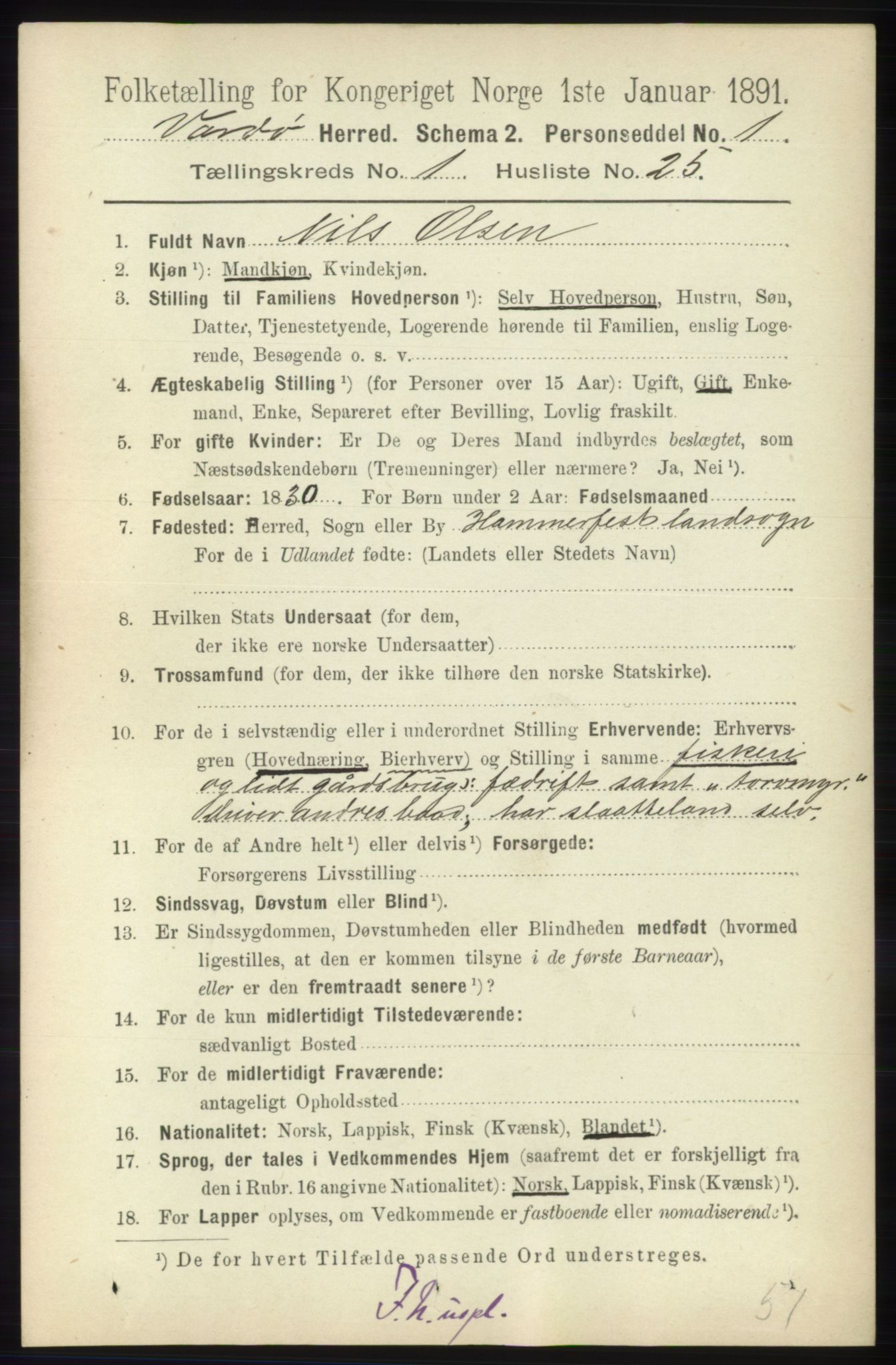 RA, 1891 census for 2028 Vardø, 1891, p. 190