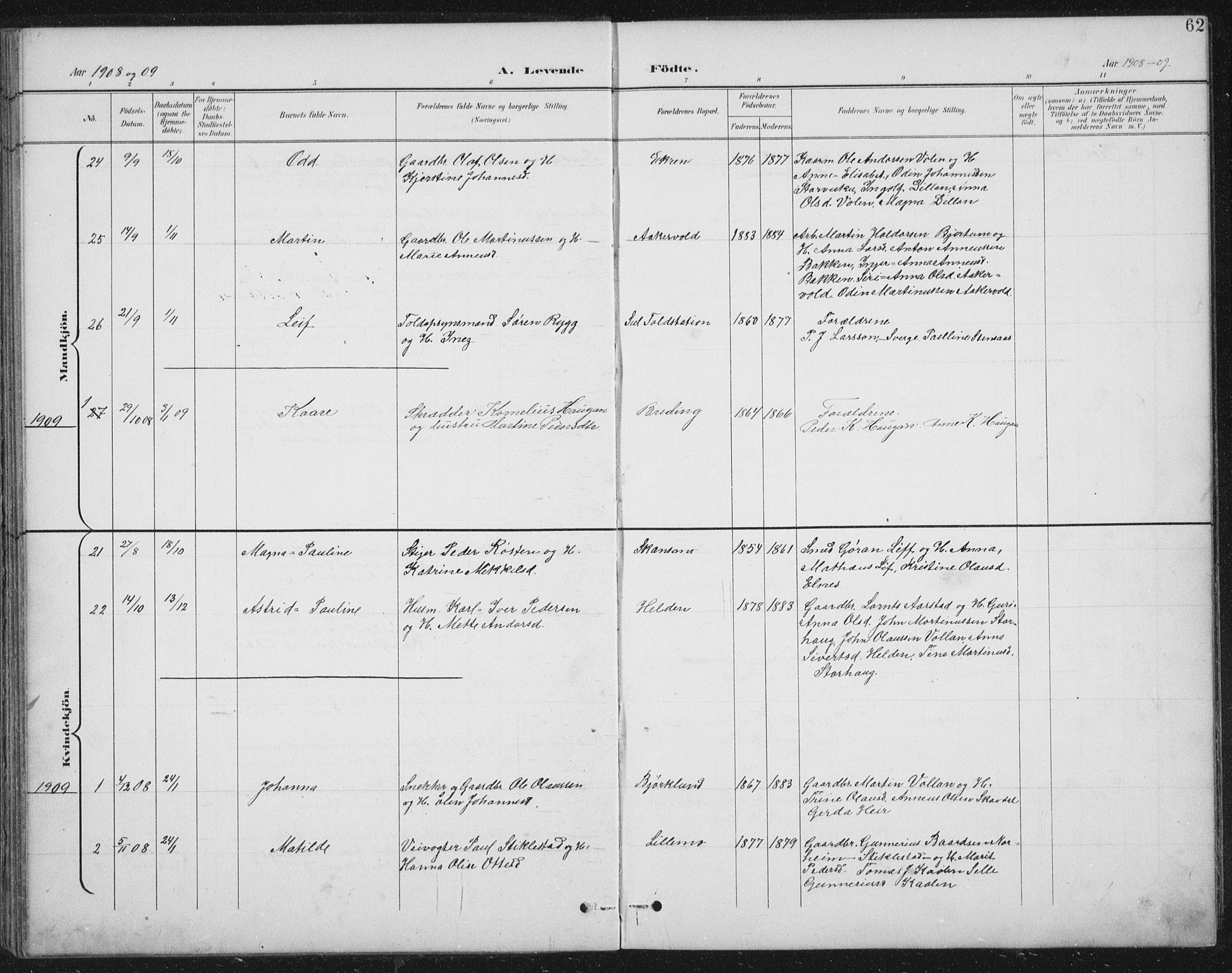 Ministerialprotokoller, klokkerbøker og fødselsregistre - Nord-Trøndelag, SAT/A-1458/724/L0269: Parish register (copy) no. 724C05, 1899-1920, p. 62