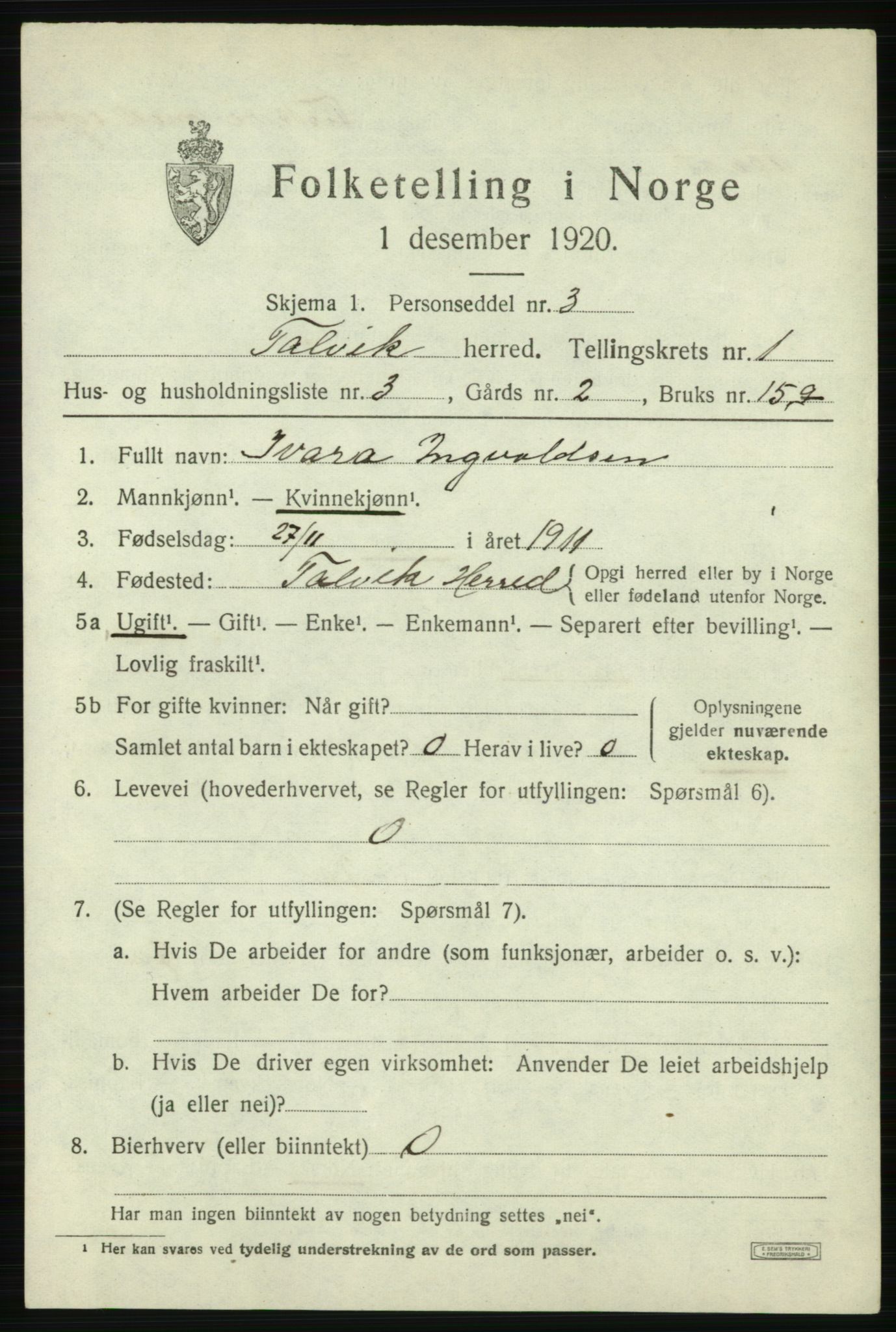 SATØ, 1920 census for Talvik, 1920, p. 1032