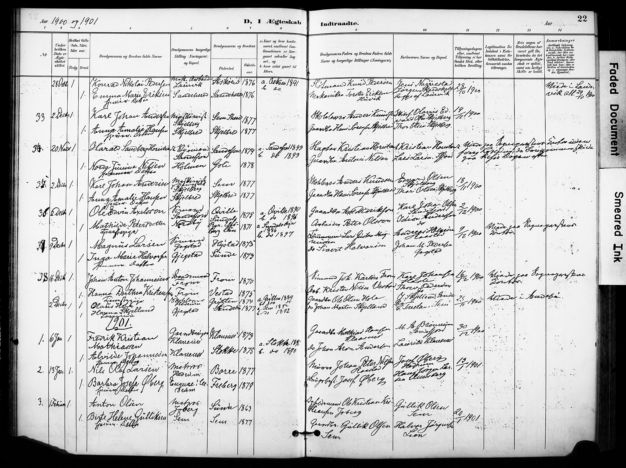 Sandar kirkebøker, SAKO/A-243/F/Fa/L0015: Parish register (official) no. 15, 1896-1907, p. 22