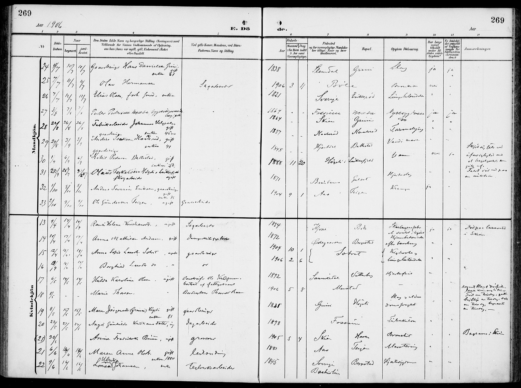 Gjerpen kirkebøker, AV/SAKO-A-265/F/Fa/L0012: Parish register (official) no. I 12, 1905-1913, p. 269