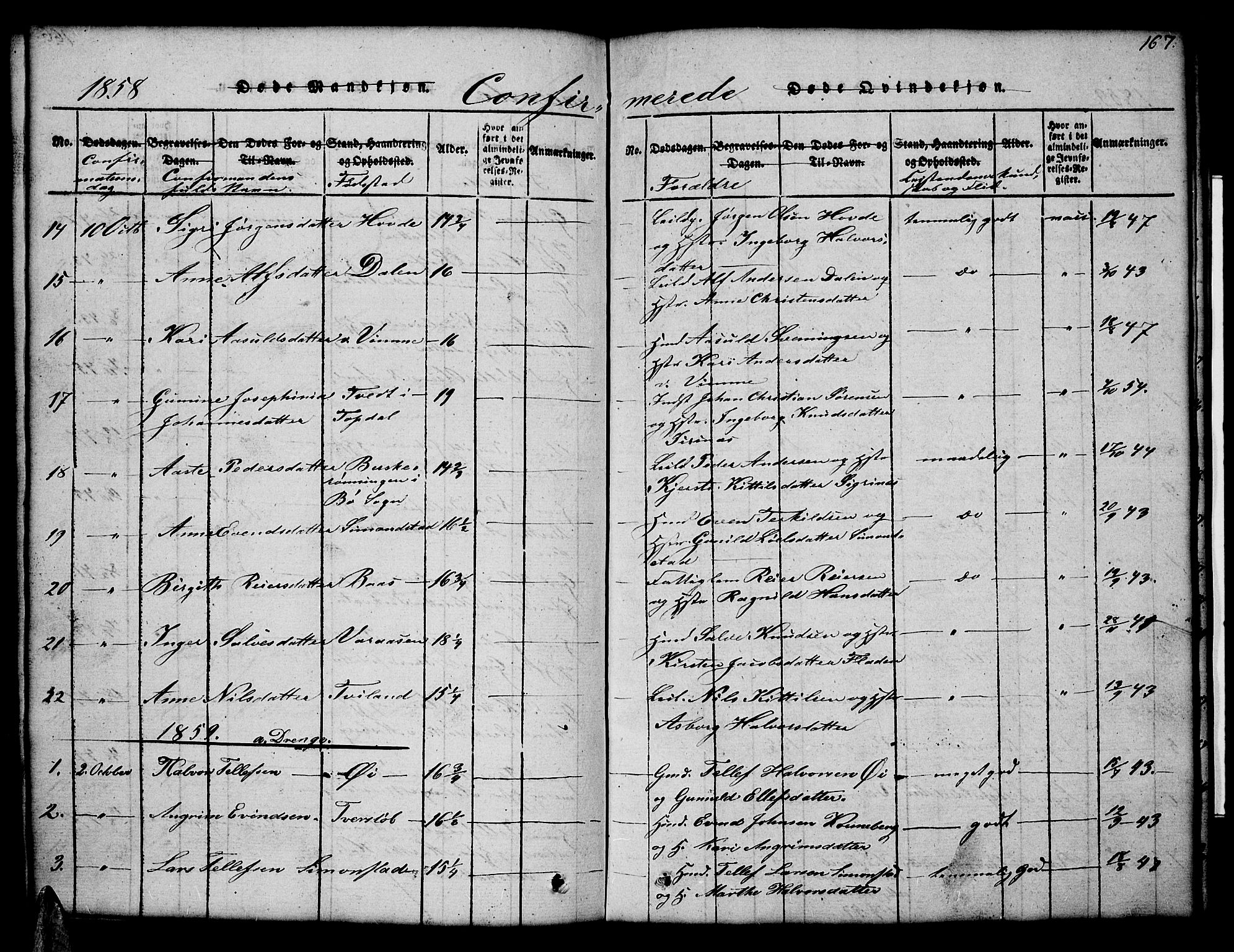 Åmli sokneprestkontor, SAK/1111-0050/F/Fb/Fbc/L0001: Parish register (copy) no. B 1, 1816-1867, p. 167