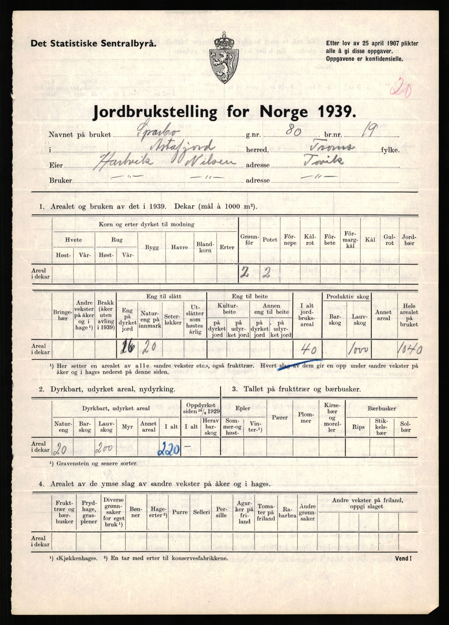 Statistisk sentralbyrå, Næringsøkonomiske emner, Jordbruk, skogbruk, jakt, fiske og fangst, AV/RA-S-2234/G/Gb/L0339: Troms: Andørja, Astafjord og Lavangen, 1939, p. 344