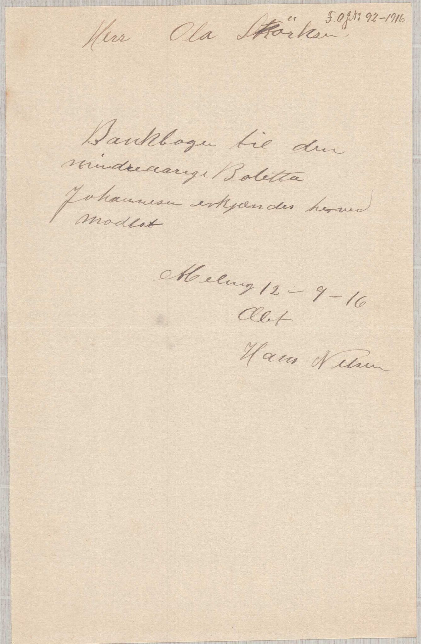 Finnaas kommune. Overformynderiet, IKAH/1218a-812/D/Da/Daa/L0003/0001: Kronologisk ordna korrespondanse / Kronologisk ordna korrespondanse, 1914-1916, p. 121