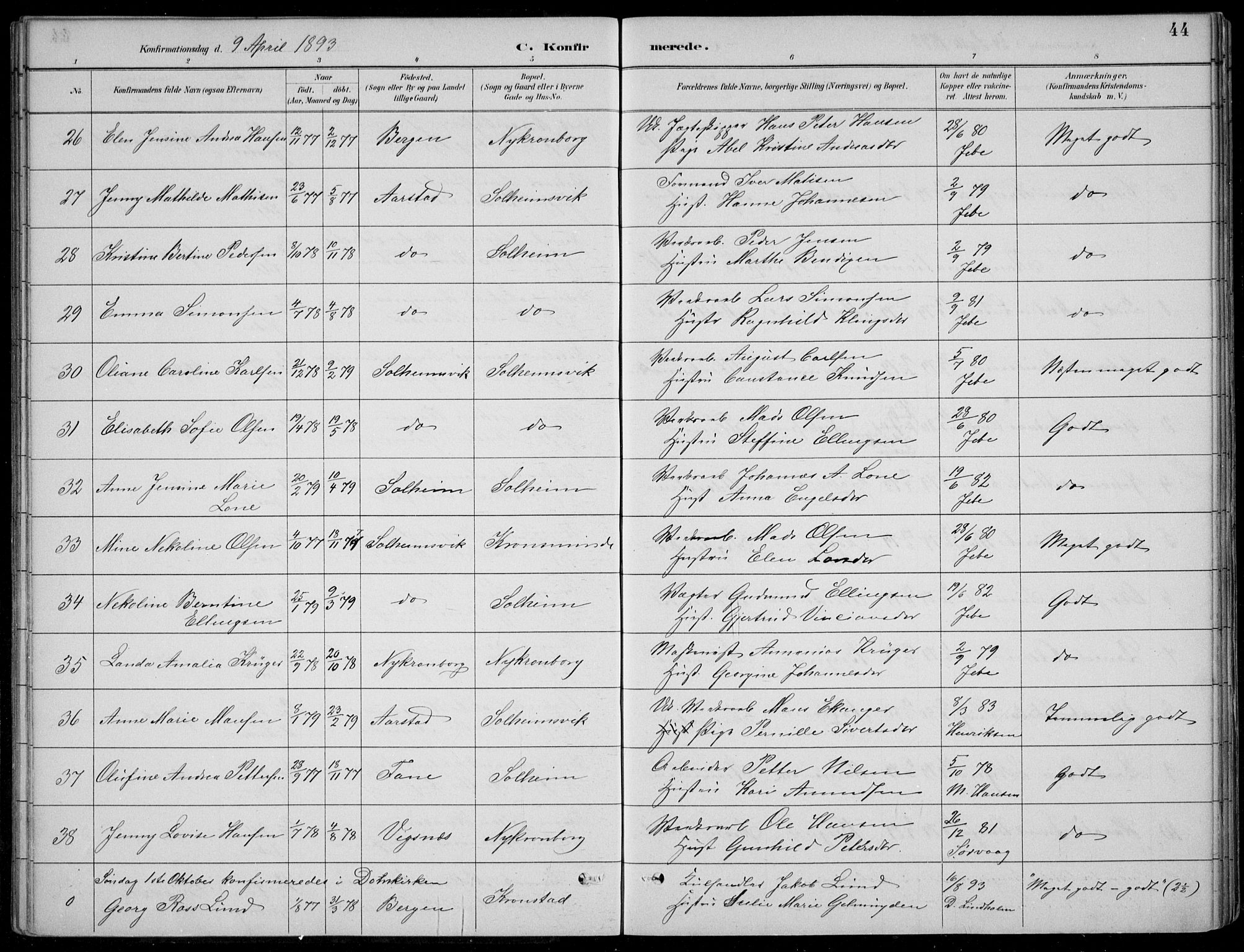 Årstad Sokneprestembete, SAB/A-79301/H/Hab/L0011: Parish register (copy) no. B 1, 1886-1901, p. 44