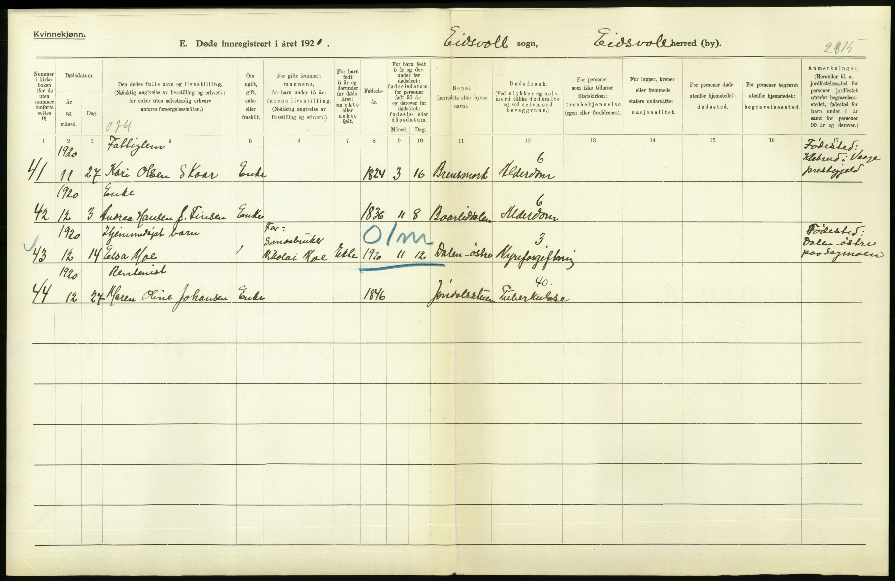 Statistisk sentralbyrå, Sosiodemografiske emner, Befolkning, AV/RA-S-2228/D/Df/Dfb/Dfbj/L0007: Akershus fylke: Døde. Bygder og byer., 1920, p. 454