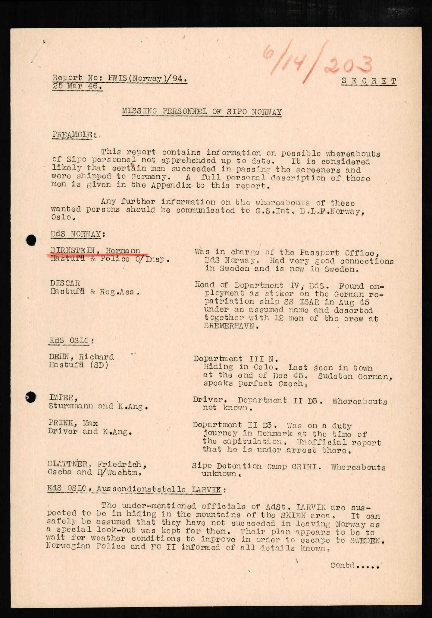 Forsvaret, Forsvarets overkommando II, AV/RA-RAFA-3915/D/Db/L0003: CI Questionaires. Tyske okkupasjonsstyrker i Norge. Tyskere., 1945-1946, p. 197