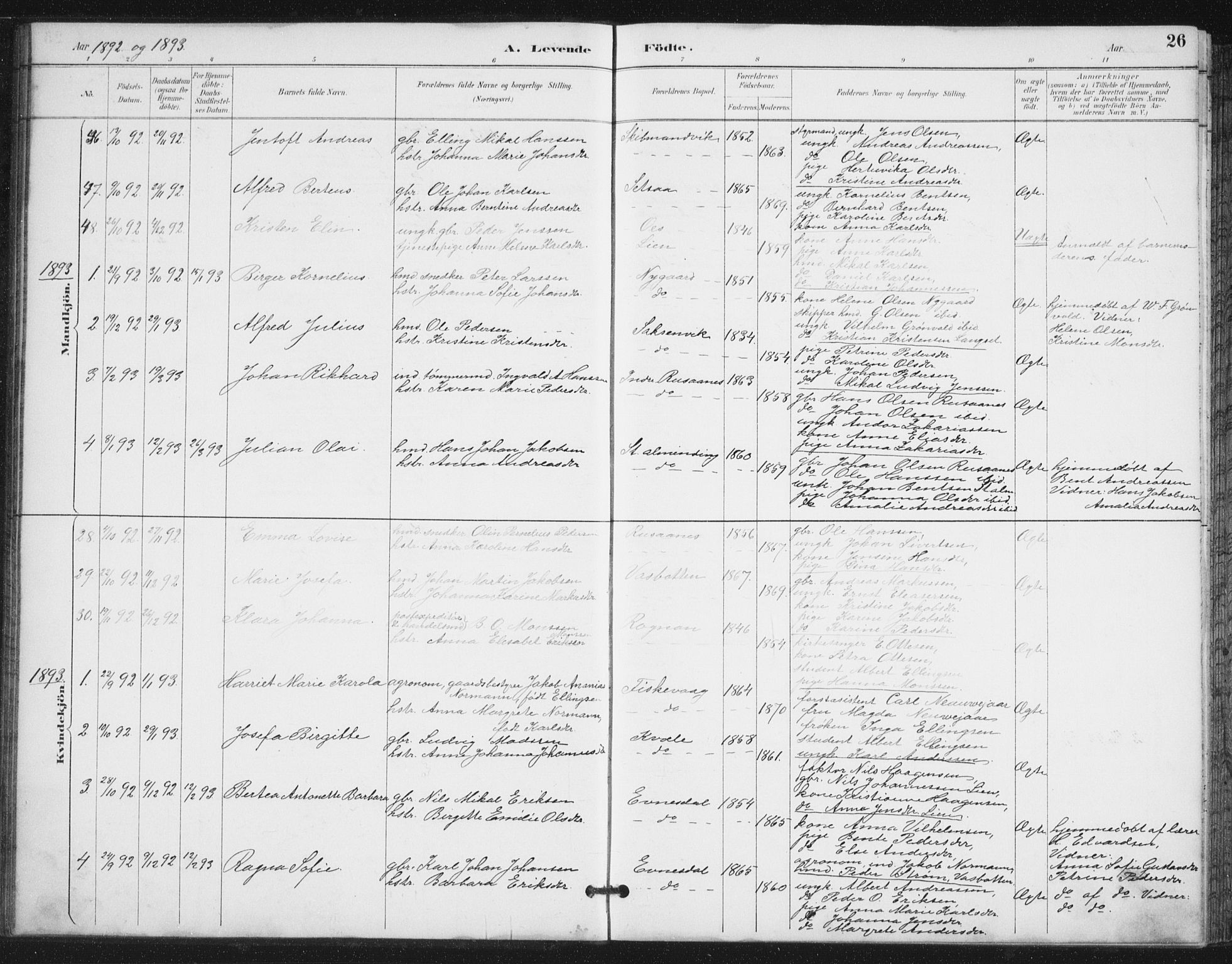 Ministerialprotokoller, klokkerbøker og fødselsregistre - Nordland, AV/SAT-A-1459/847/L0682: Parish register (copy) no. 847C10, 1889-1907, p. 26