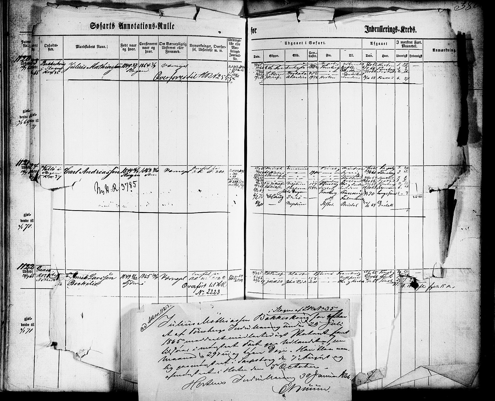 Tønsberg innrulleringskontor, AV/SAKO-A-786/F/Fb/L0001: Annotasjonsrulle Patent nr. 1-1724, 1860-1868, p. 398