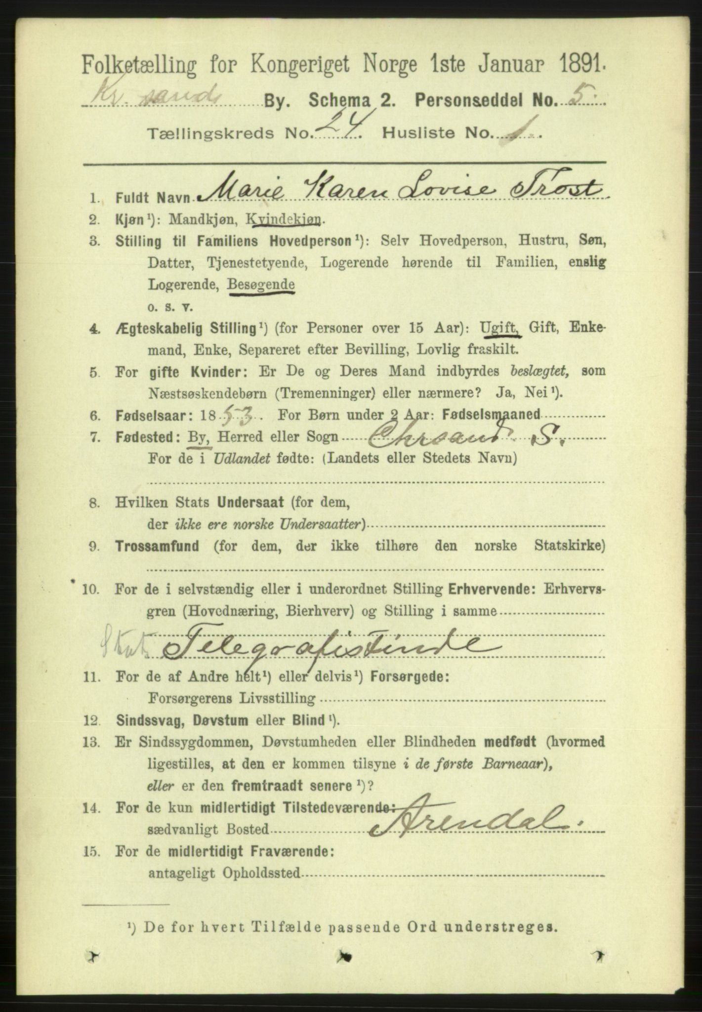 RA, 1891 census for 1001 Kristiansand, 1891, p. 8548