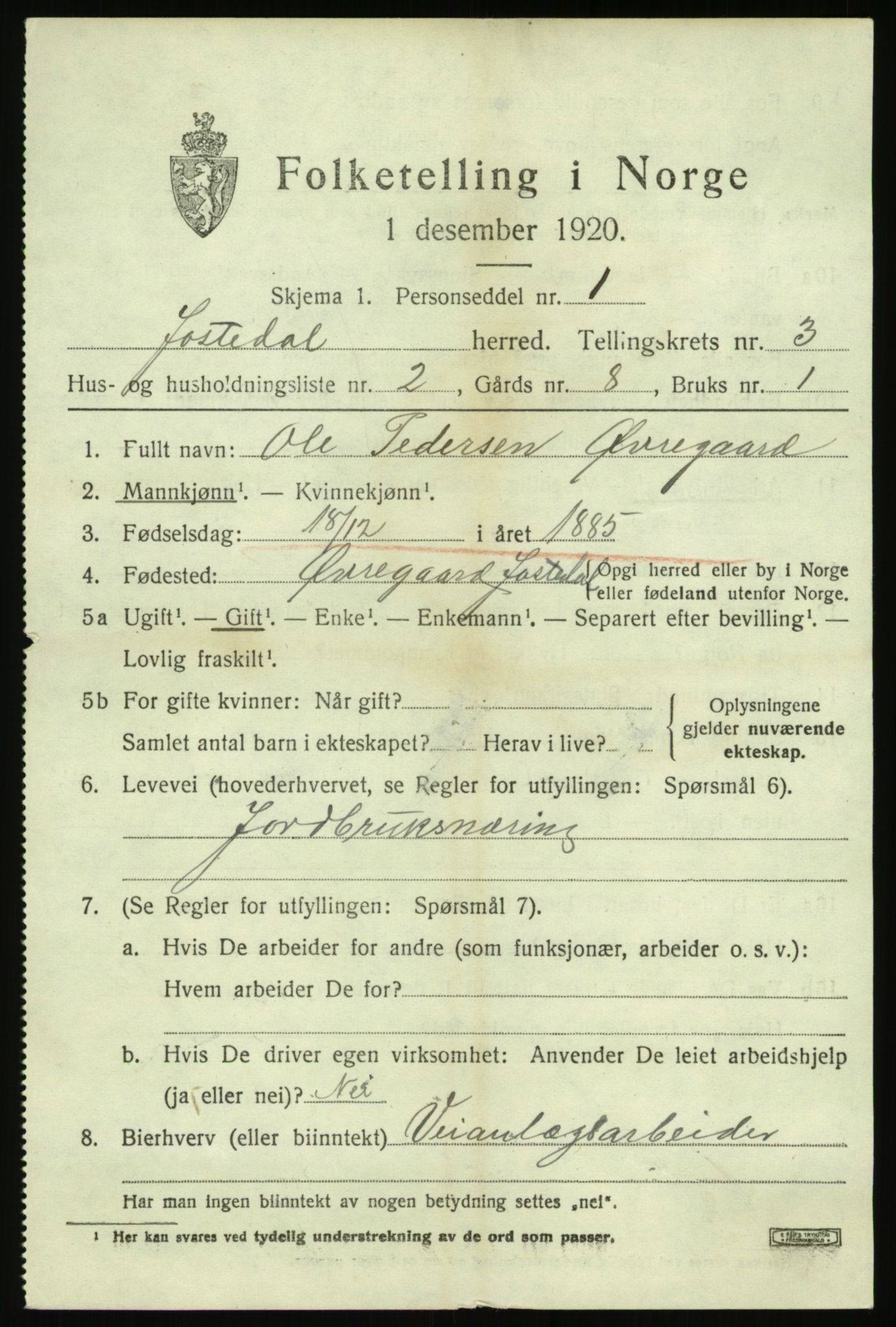 SAB, 1920 census for Jostedal, 1920, p. 1076