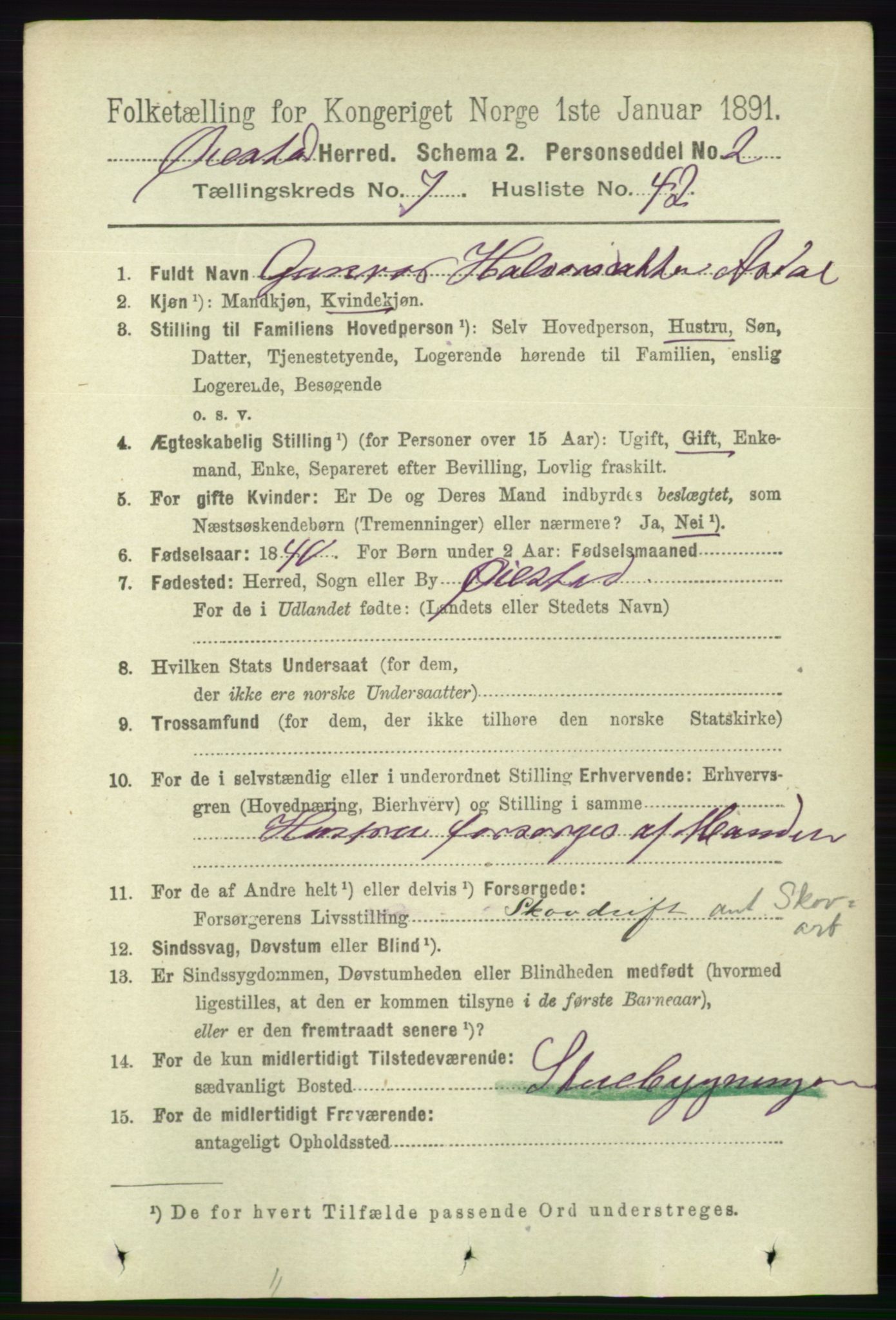 RA, 1891 census for 0920 Øyestad, 1891, p. 2895