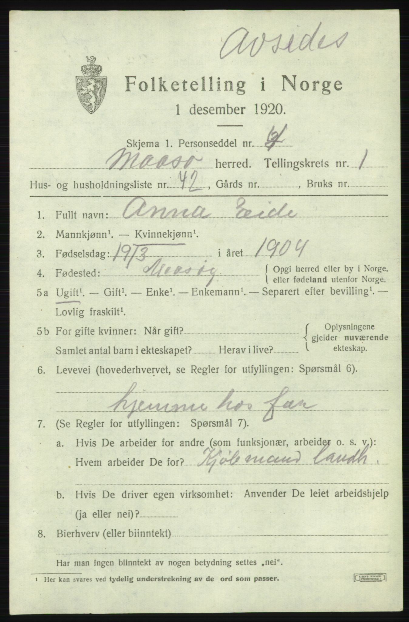 SATØ, 1920 census for Måsøy, 1920, p. 1280