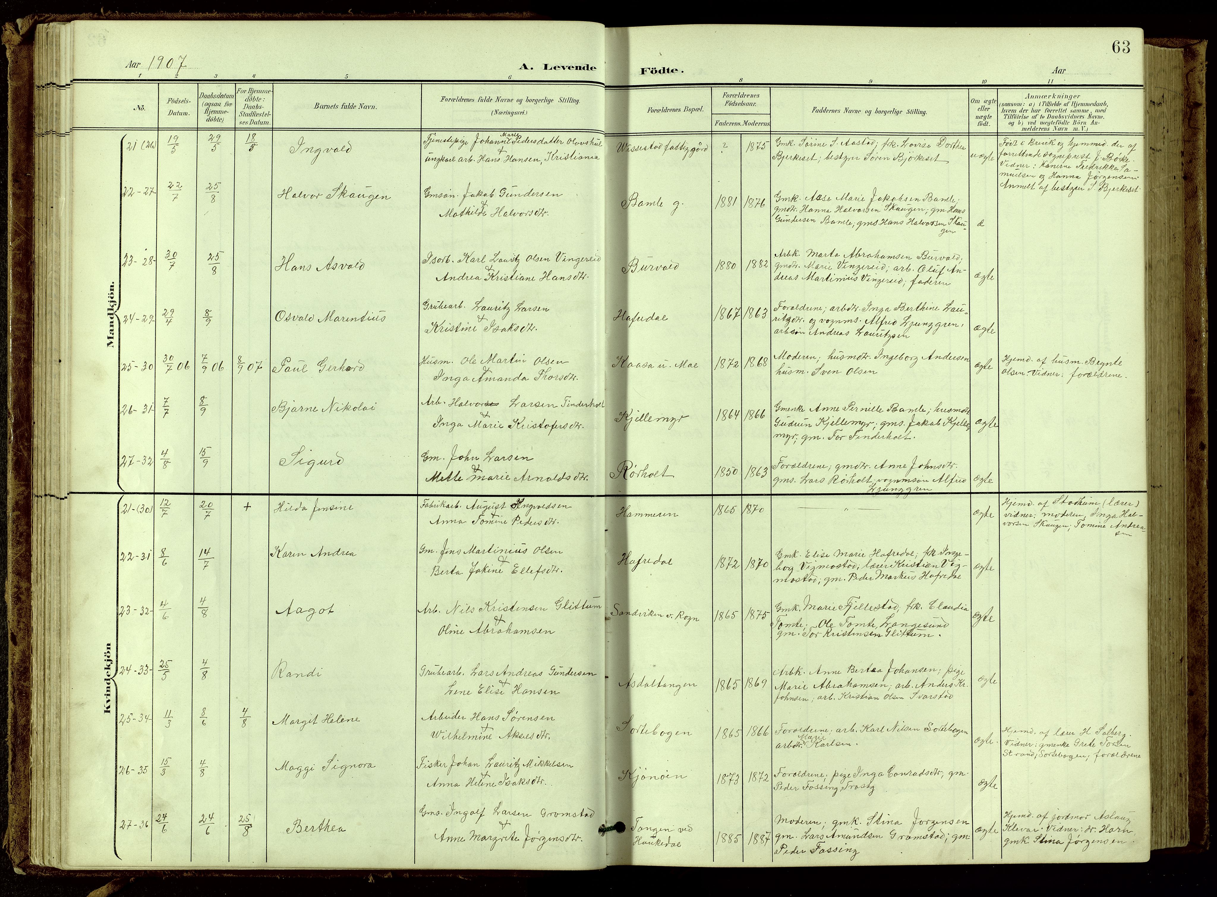 Bamble kirkebøker, SAKO/A-253/G/Ga/L0010: Parish register (copy) no. I 10, 1901-1919, p. 63