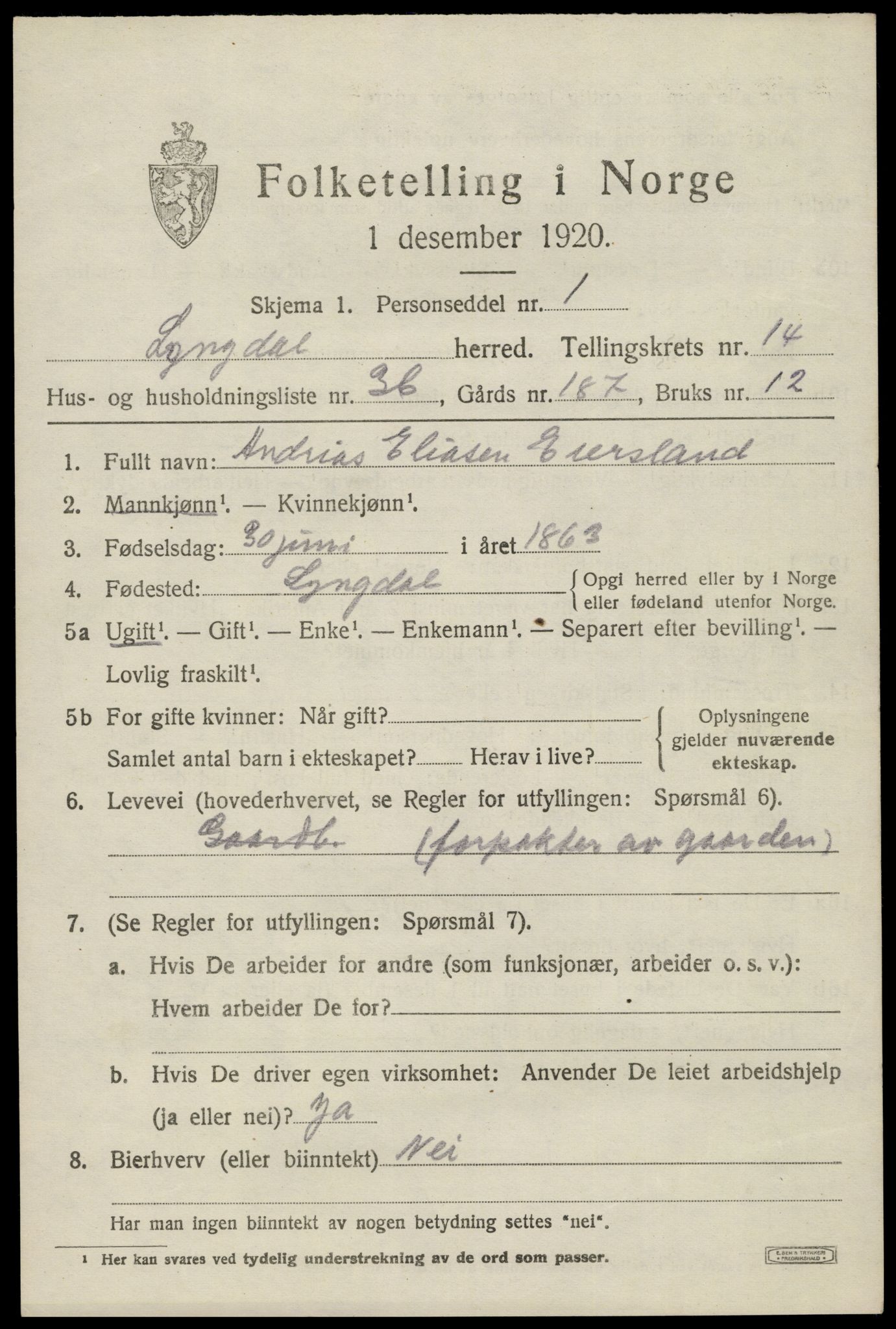 SAK, 1920 census for Lyngdal, 1920, p. 6307