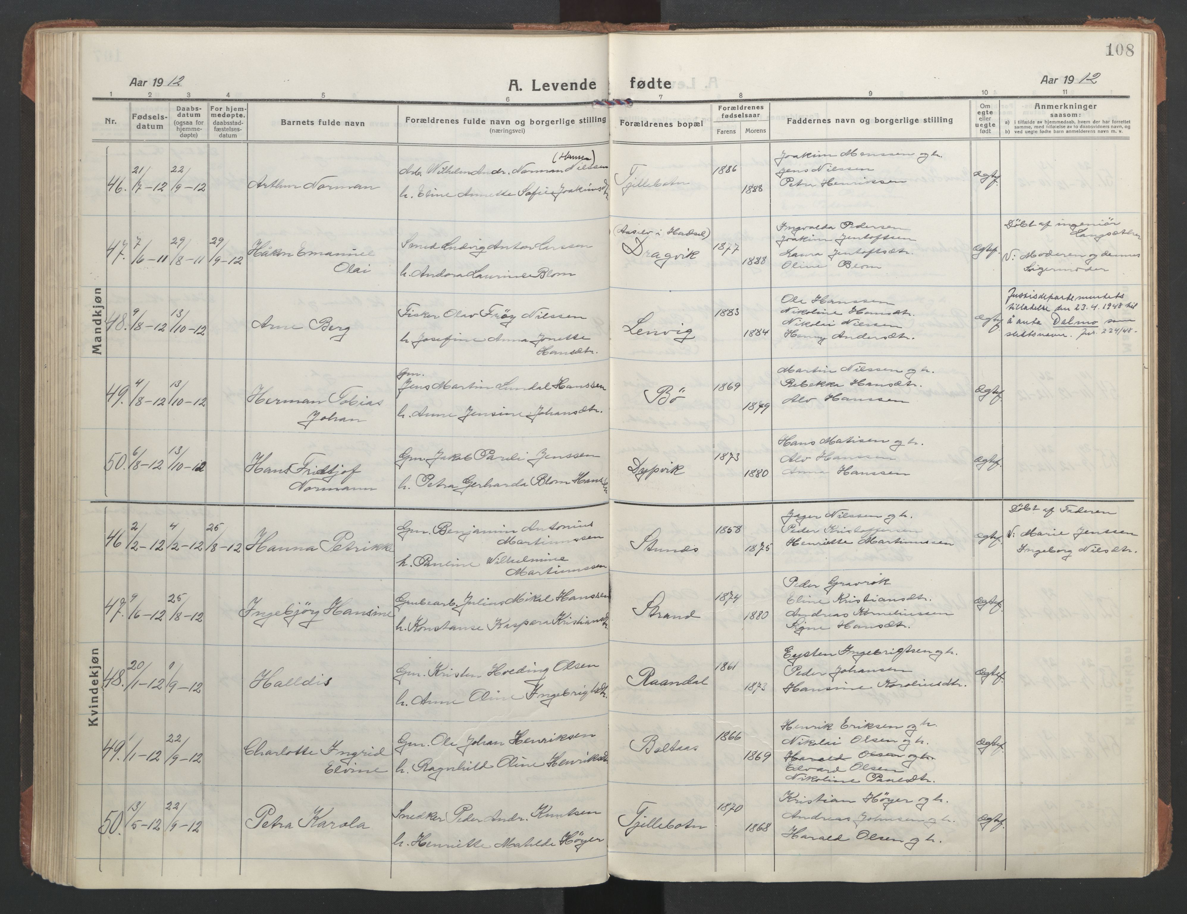 Ministerialprotokoller, klokkerbøker og fødselsregistre - Nordland, AV/SAT-A-1459/863/L0900: Parish register (official) no. 863A12, 1906-1915, p. 108