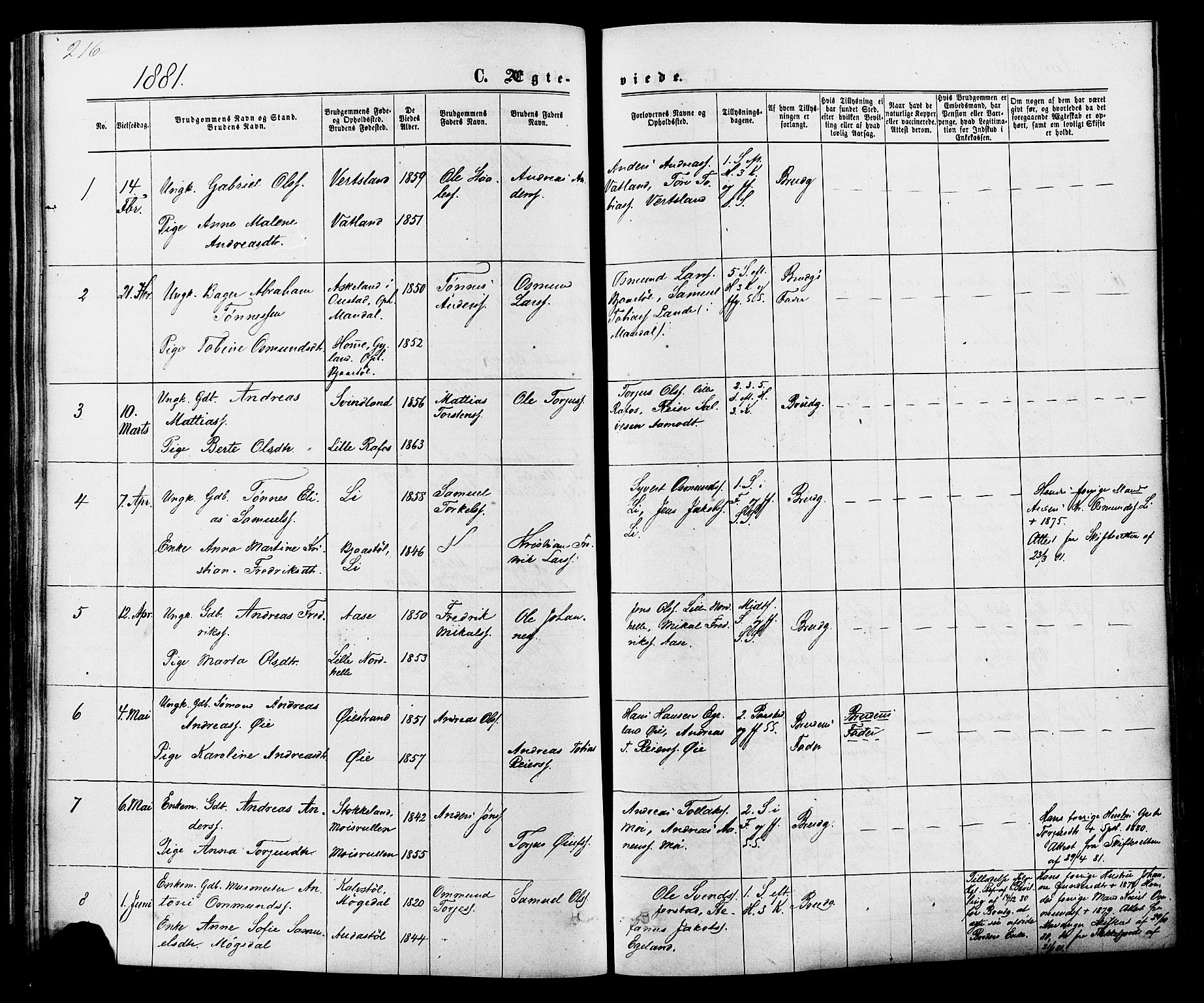 Kvinesdal sokneprestkontor, SAK/1111-0026/F/Fa/Fab/L0007: Parish register (official) no. A 7, 1870-1885, p. 216