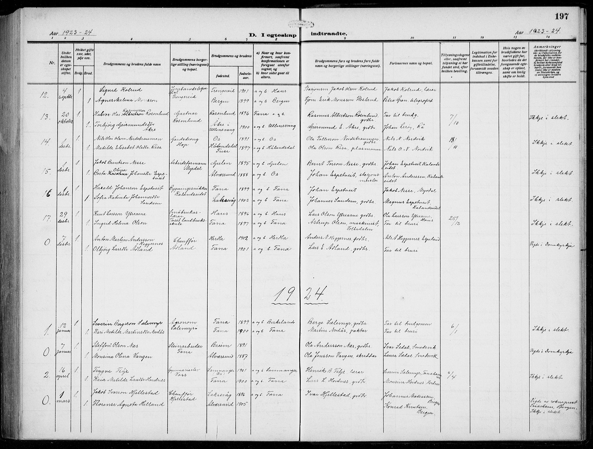 Fana Sokneprestembete, AV/SAB-A-75101/H/Hab/Haba/L0005: Parish register (copy) no. A 5, 1911-1932, p. 197